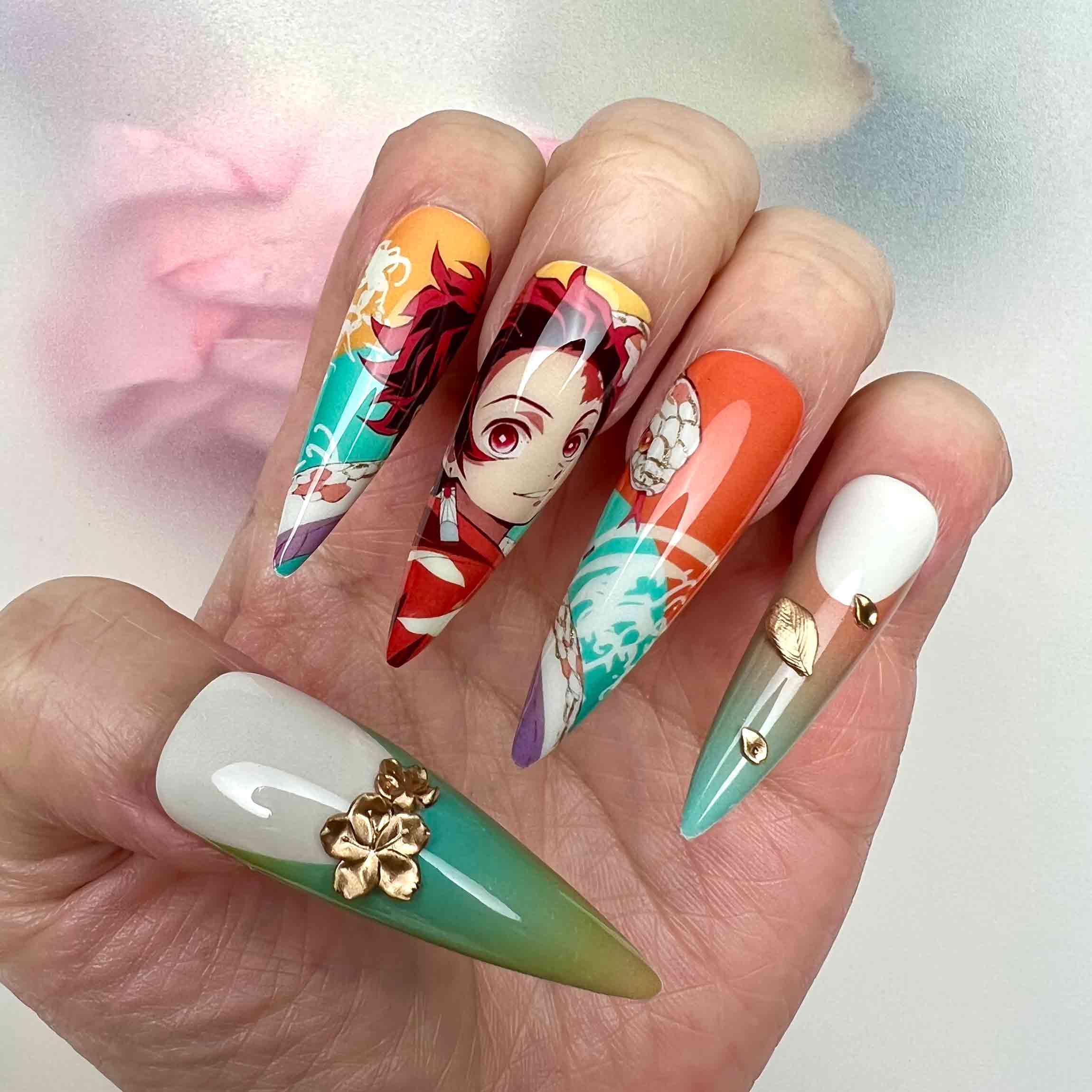 Tanjiro &amp; Senjuro Nails – Demon Slayer KNY Press-On Set, 3D Gold Flower &amp; Snake Design | Dragonnail