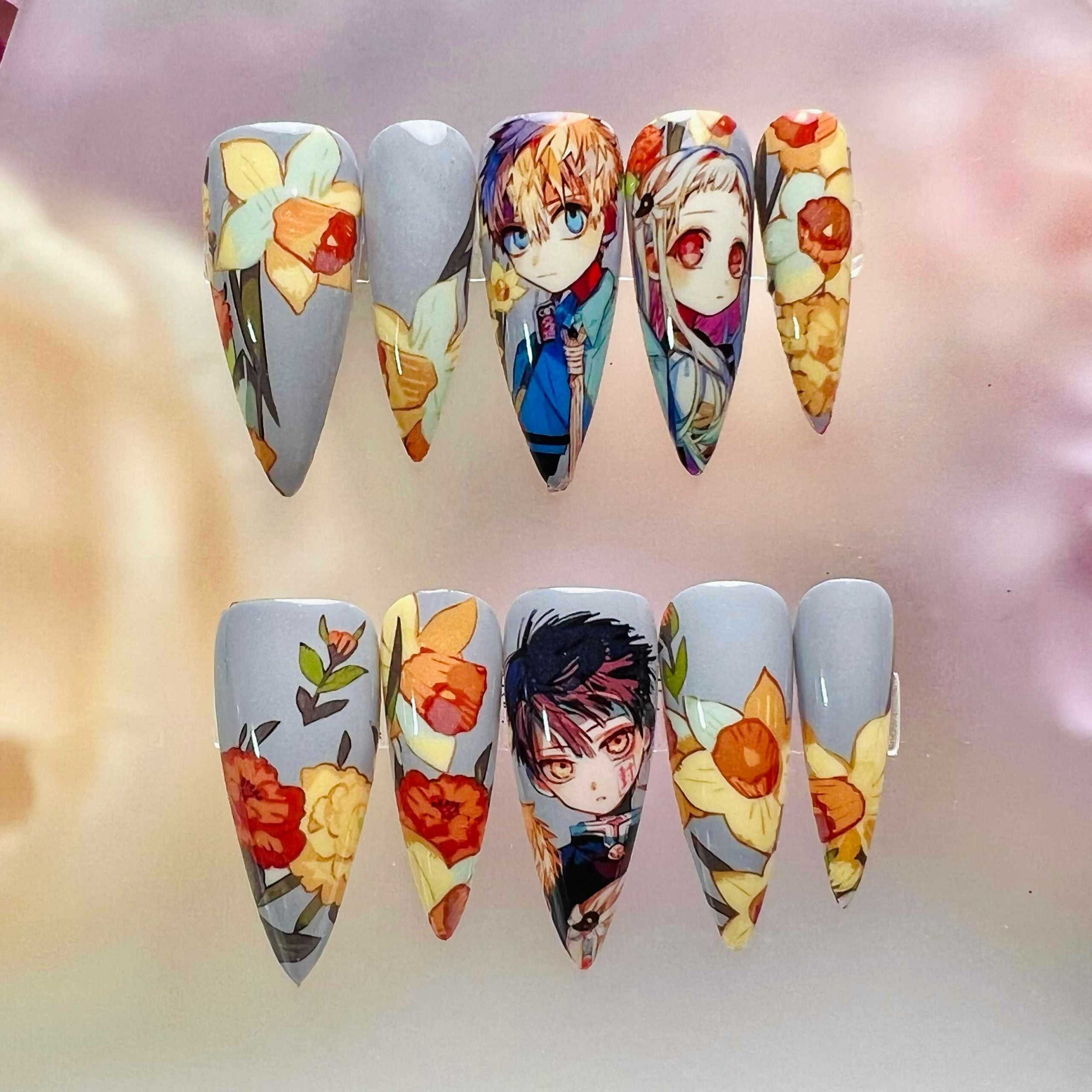 Toilet-Bound Hanako-kun Nails – Hanako, Nene &amp; Kou Press-On Set, Daffodil Floral Anime Design | Dragonnail