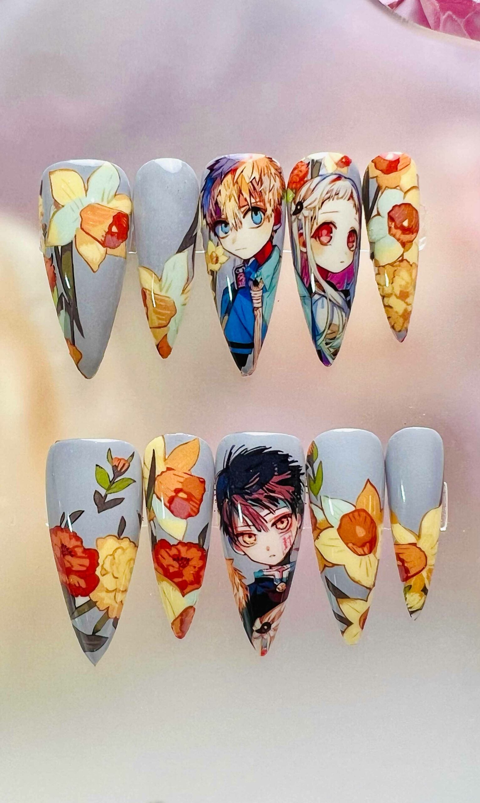 Toilet-Bound Hanako-kun Nails – Hanako, Nene &amp; Kou Press-On Set, Daffodil Floral Anime Design | Dragonnail