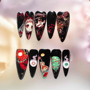 Toilet-Bound Hanako-kun Nails – Hanako &amp; Nene Press-On Set, Black Fireworks &amp; Rose Anime Design | Dragonnail