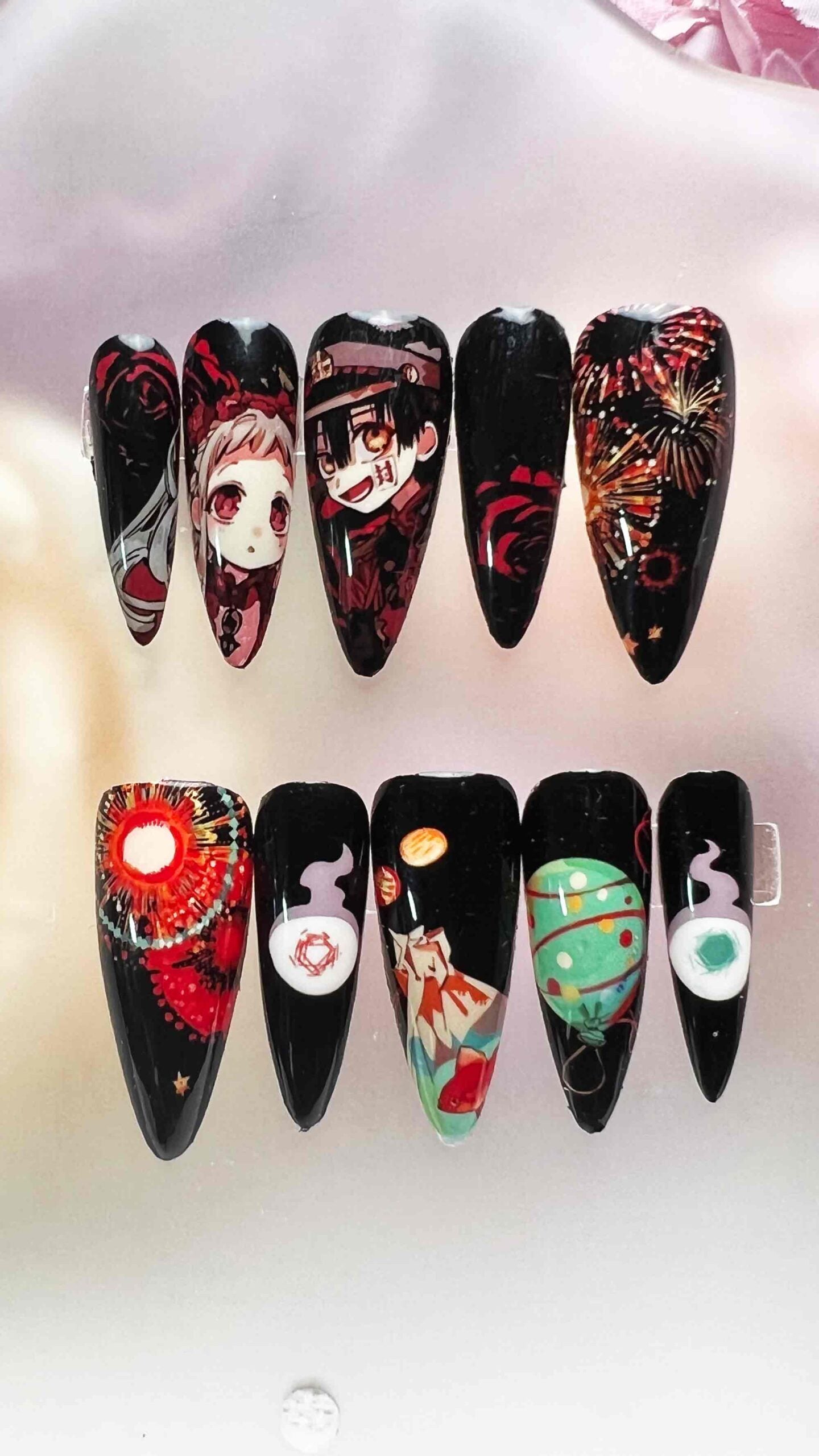 Toilet-Bound Hanako-kun Nails – Hanako &amp; Nene Press-On Set, Black Fireworks &amp; Rose Anime Design | Dragonnail