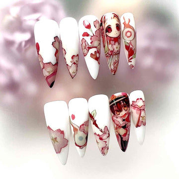 Toilet-Bound Hanako-kun Nails – Hanako &amp; Nene Press-On Set, Pink Sakura Floral Anime Design | Dragonnail