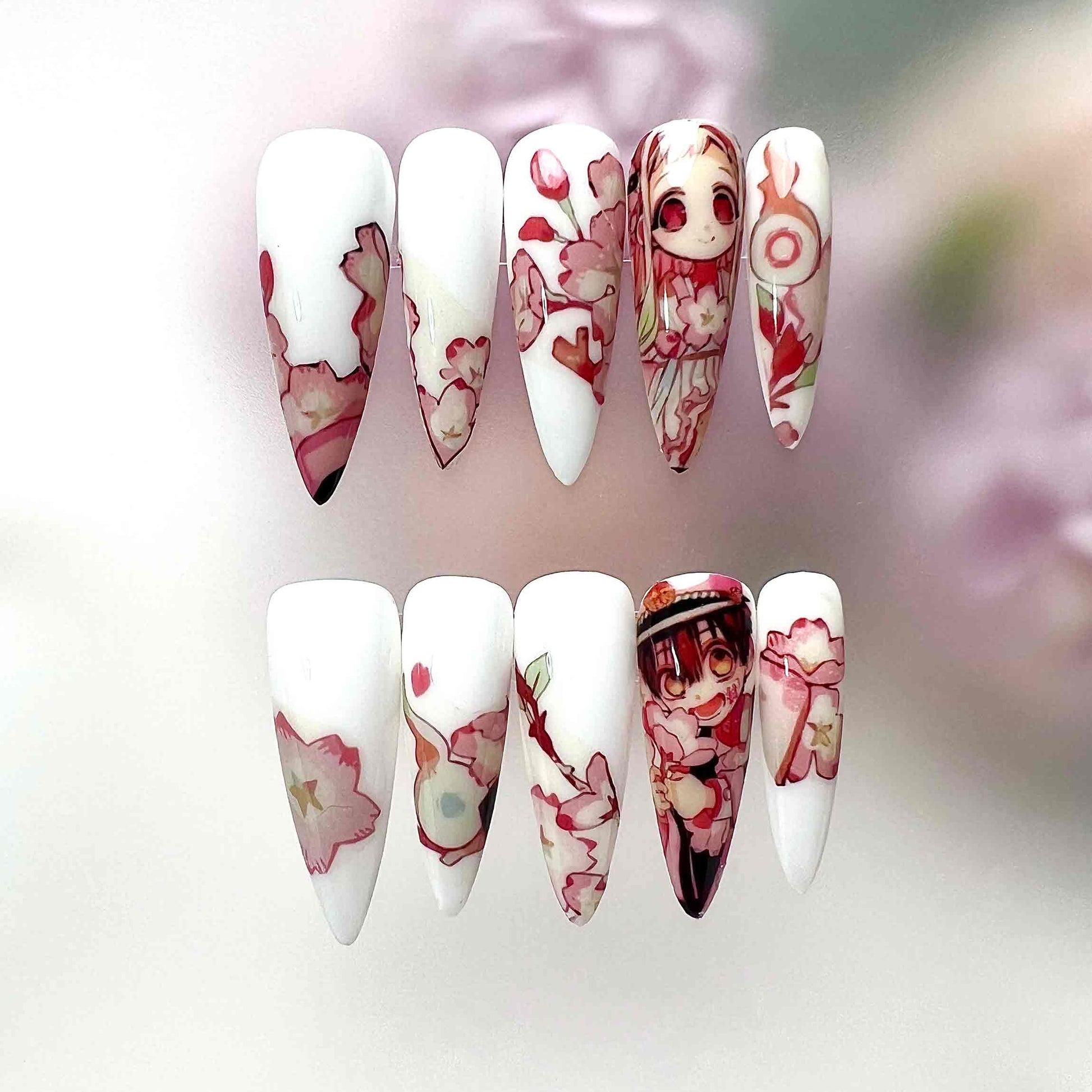 Toilet-Bound Hanako-kun Nails – Hanako &amp; Nene Press-On Set, Pink Sakura Floral Anime Design | Dragonnail