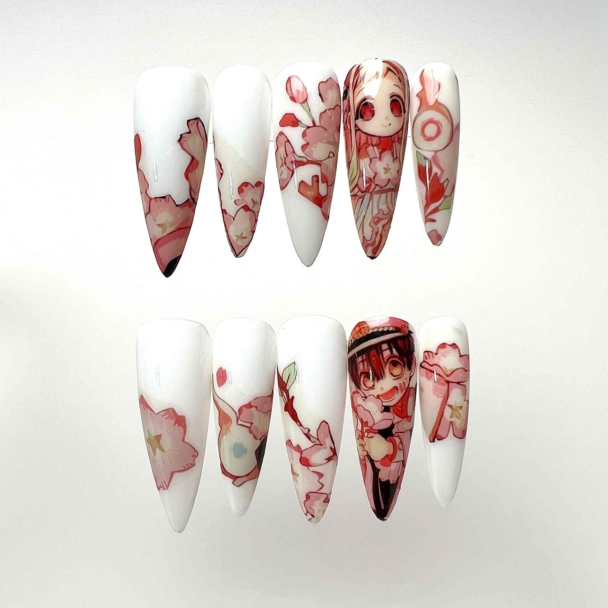 Toilet-Bound Hanako-kun Nails – Hanako &amp; Nene Press-On Set, Pink Sakura Floral Anime Design | Dragonnail