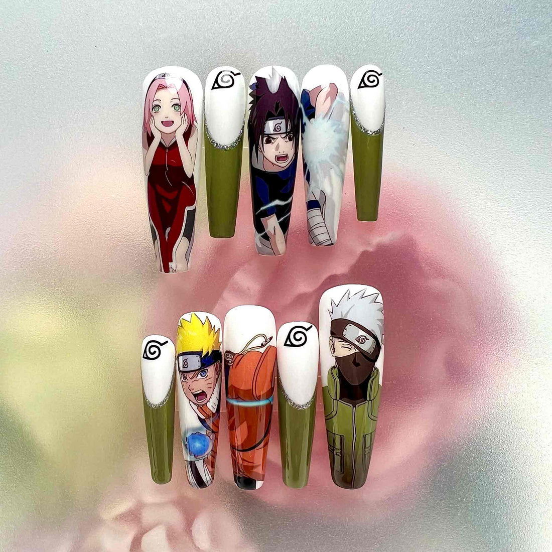Naruto Team 7 Nails – Naruto, Sasuke, Sakura &amp; Kakashi Press-On Set, Konoha Leaf Anime Design | Dragonnail