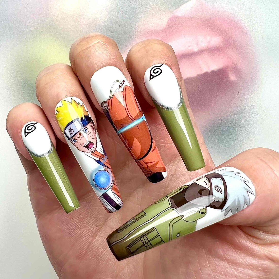 Naruto Team 7 Nails – Naruto, Sasuke, Sakura &amp; Kakashi Press-On Set, Konoha Leaf Anime Design | Dragonnail