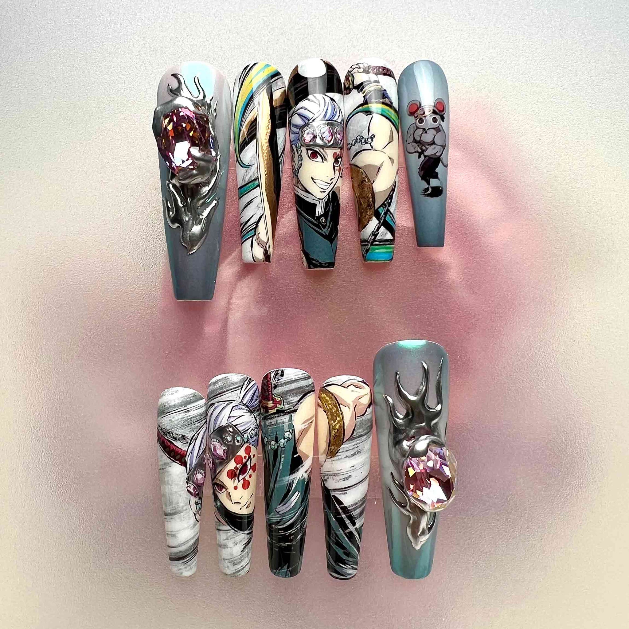 FLASHY Demon Slayer KNY Press-On Nails | Tengen Uzui Hashira &amp; Daki Upper Rank Six Set | 3D Chrome, Gemstone &amp; Anime Art | Dragonnail