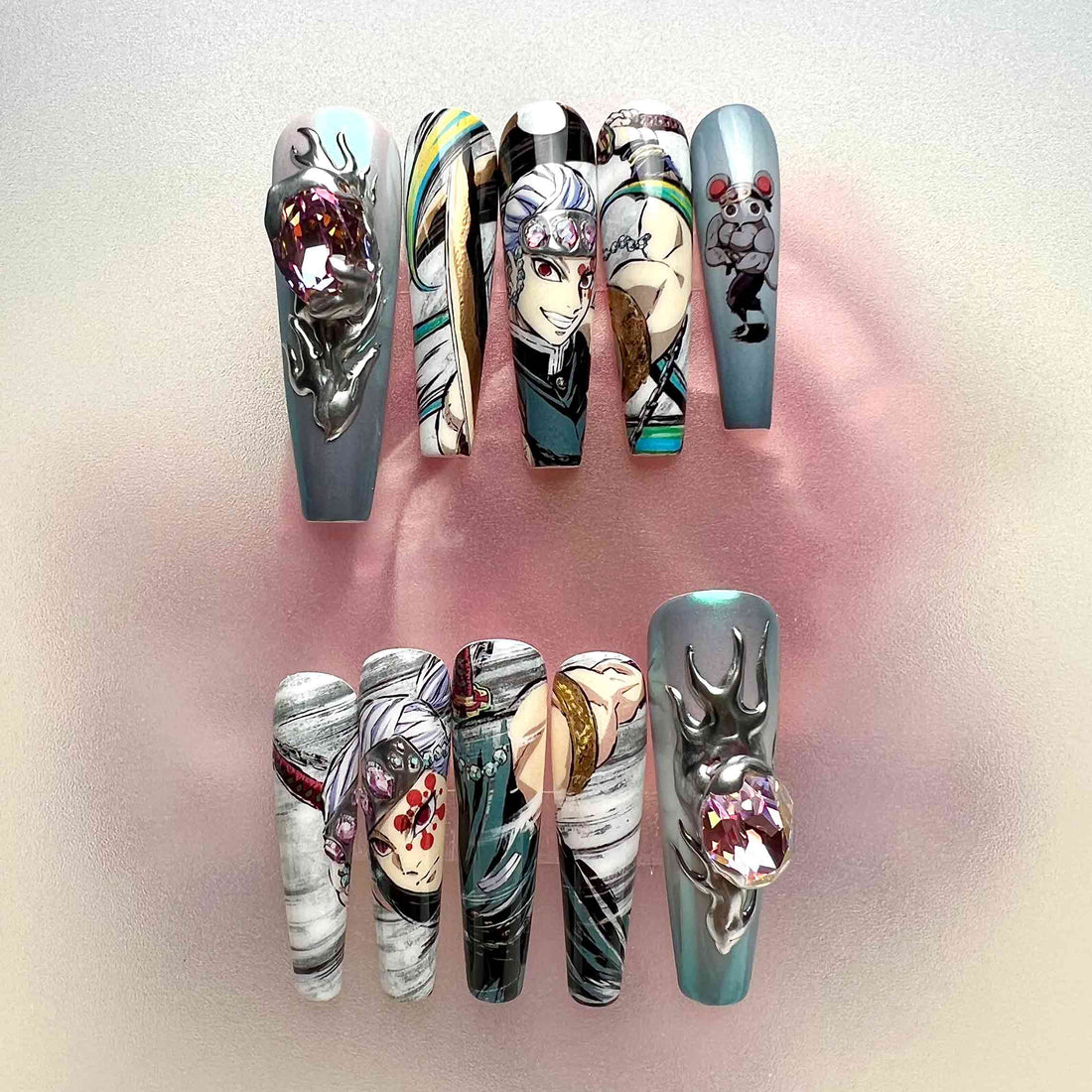 FLASHY Demon Slayer KNY Press-On Nails | Tengen Uzui Hashira &amp; Daki Upper Rank Six Set | 3D Chrome, Gemstone &amp; Anime Art | Dragonnail