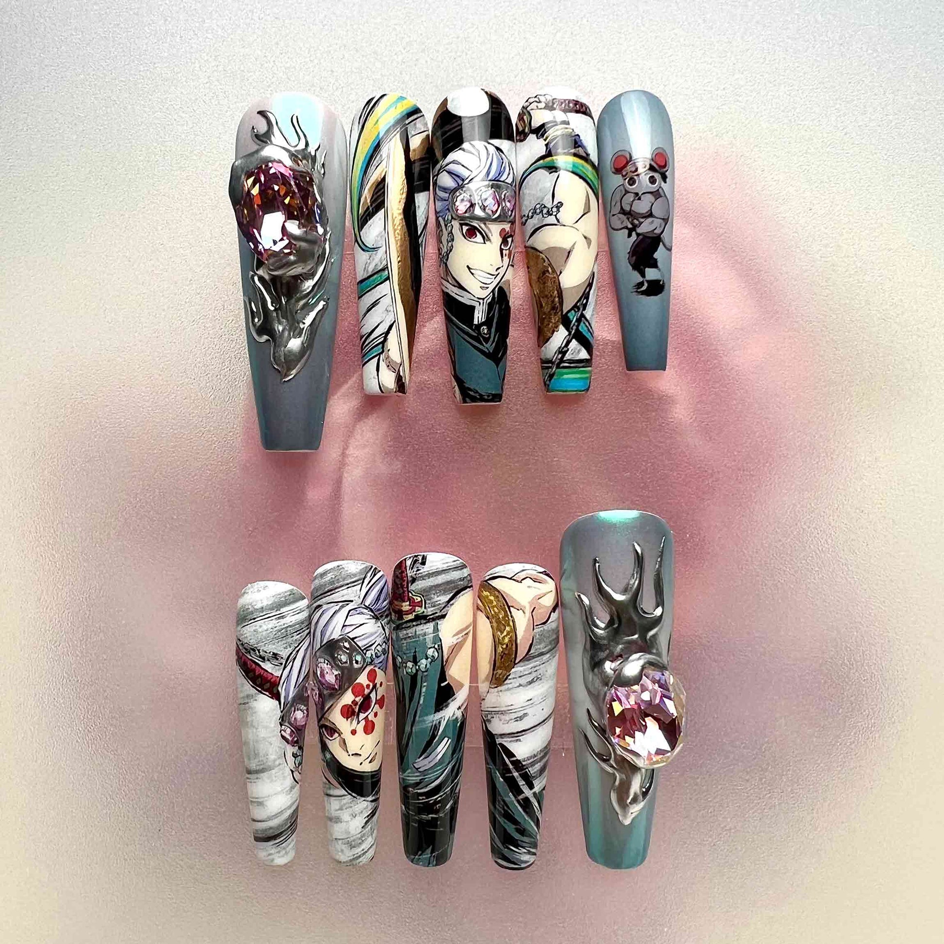 FLASHY Demon Slayer KNY Press-On Nails | Tengen Uzui Hashira &amp; Daki Upper Rank Six Set | 3D Chrome, Gemstone &amp; Anime Art | Dragonnail