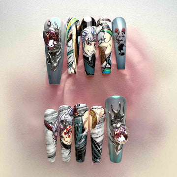 FLASHY Demon Slayer KNY Press-On Nails | Tengen Uzui Hashira &amp; Daki Upper Rank Six Set | 3D Chrome, Gemstone &amp; Anime Art | Dragonnail