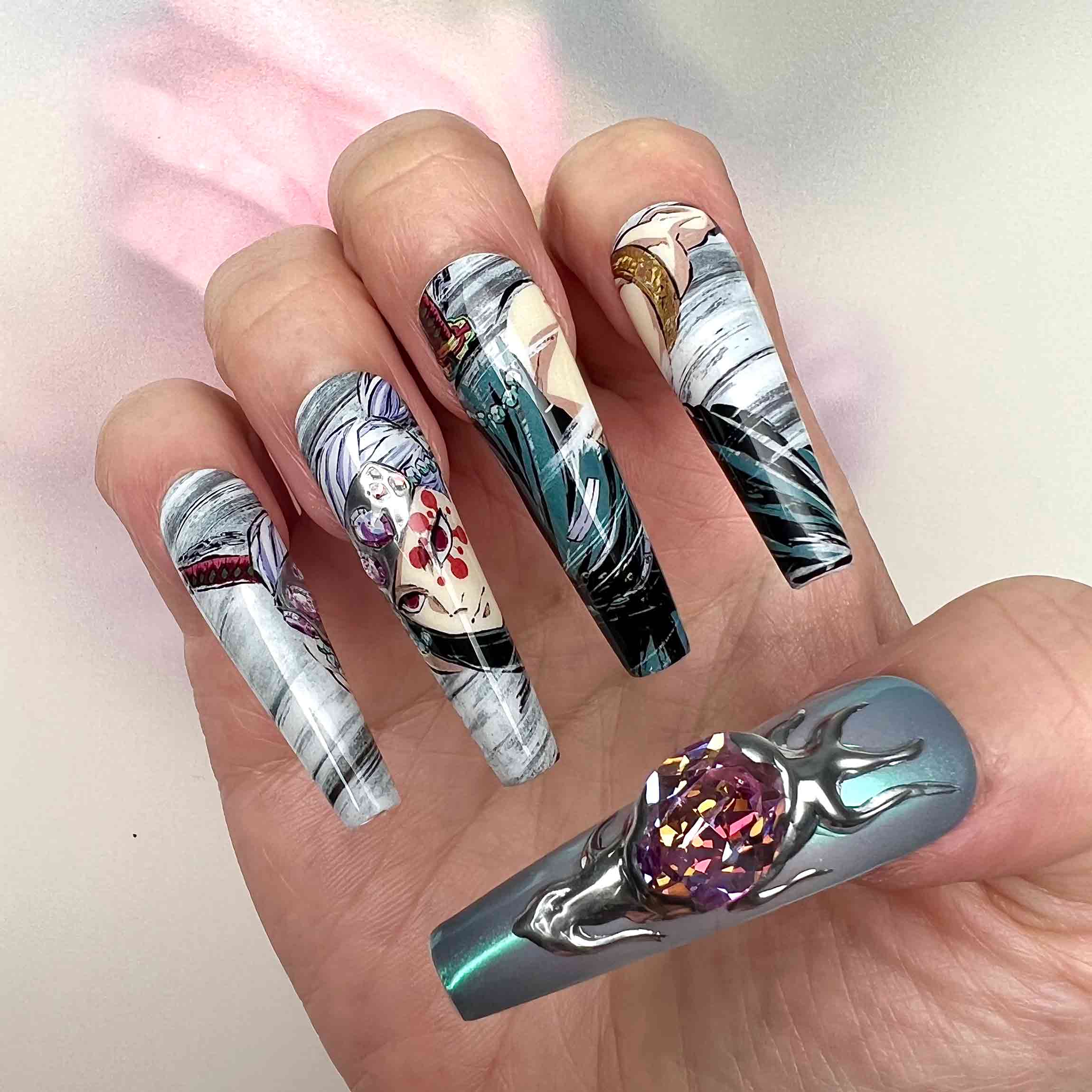 FLASHY Demon Slayer KNY Press-On Nails | Tengen Uzui Hashira &amp; Daki Upper Rank Six Set | 3D Chrome, Gemstone &amp; Anime Art | Dragonnail