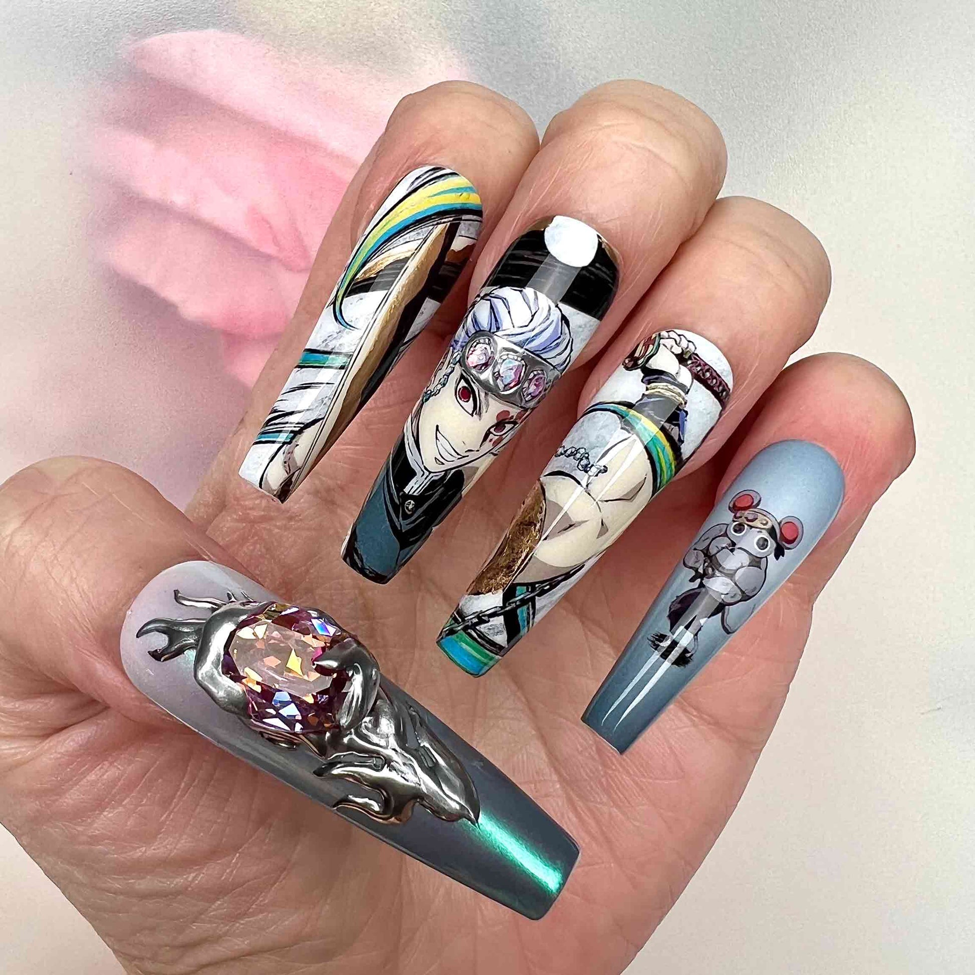 FLASHY Demon Slayer KNY Press-On Nails | Tengen Uzui Hashira &amp; Daki Upper Rank Six Set | 3D Chrome, Gemstone &amp; Anime Art | Dragonnail