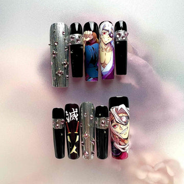 Tengen Uzui Nails – Demon Slayer KNY Press-On Set, "Flamboyant" 3D Pink Gem Design | Dragonnail