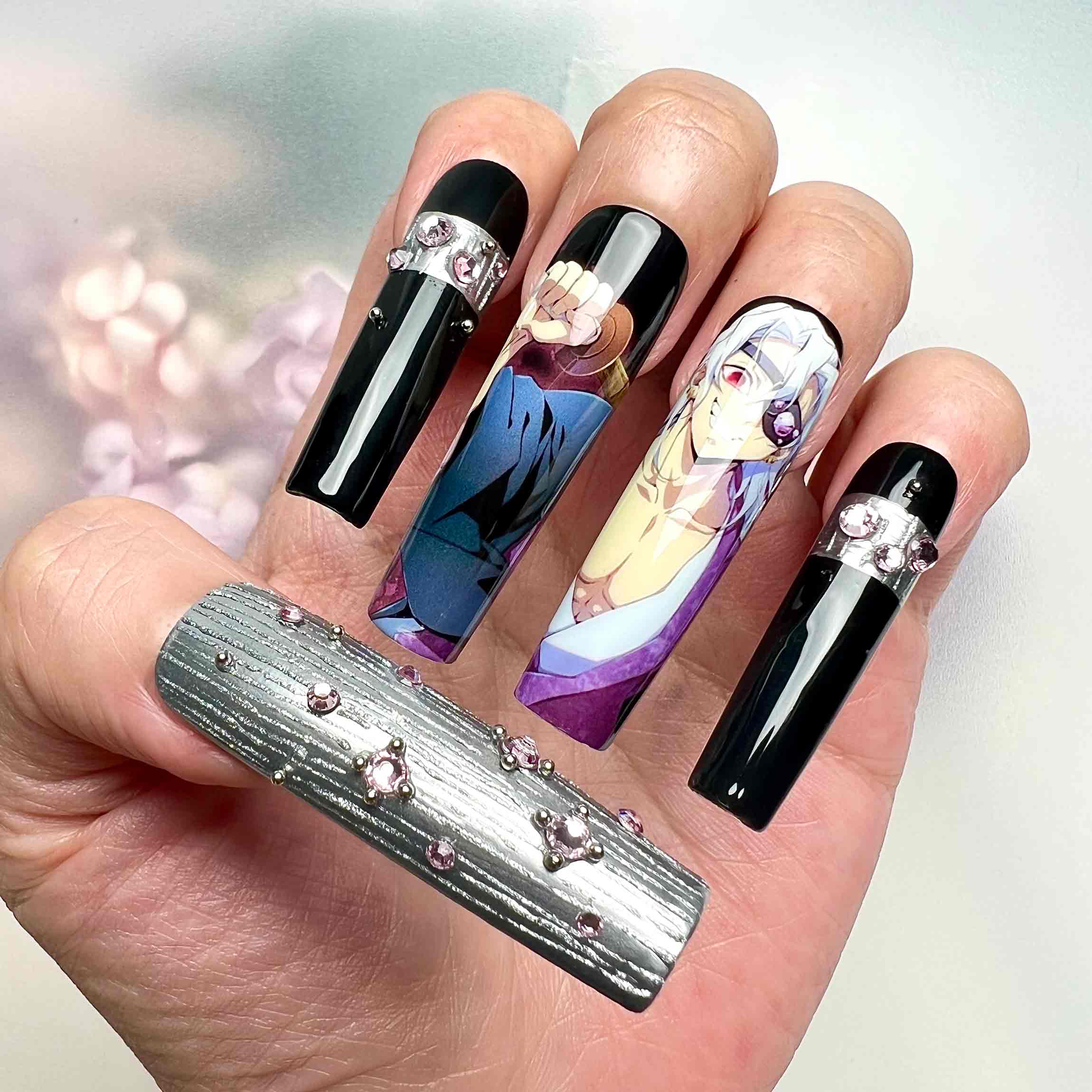 Tengen Uzui Nails – Demon Slayer KNY Press-On Set, "Flamboyant" 3D Pink Gem Design | Dragonnail