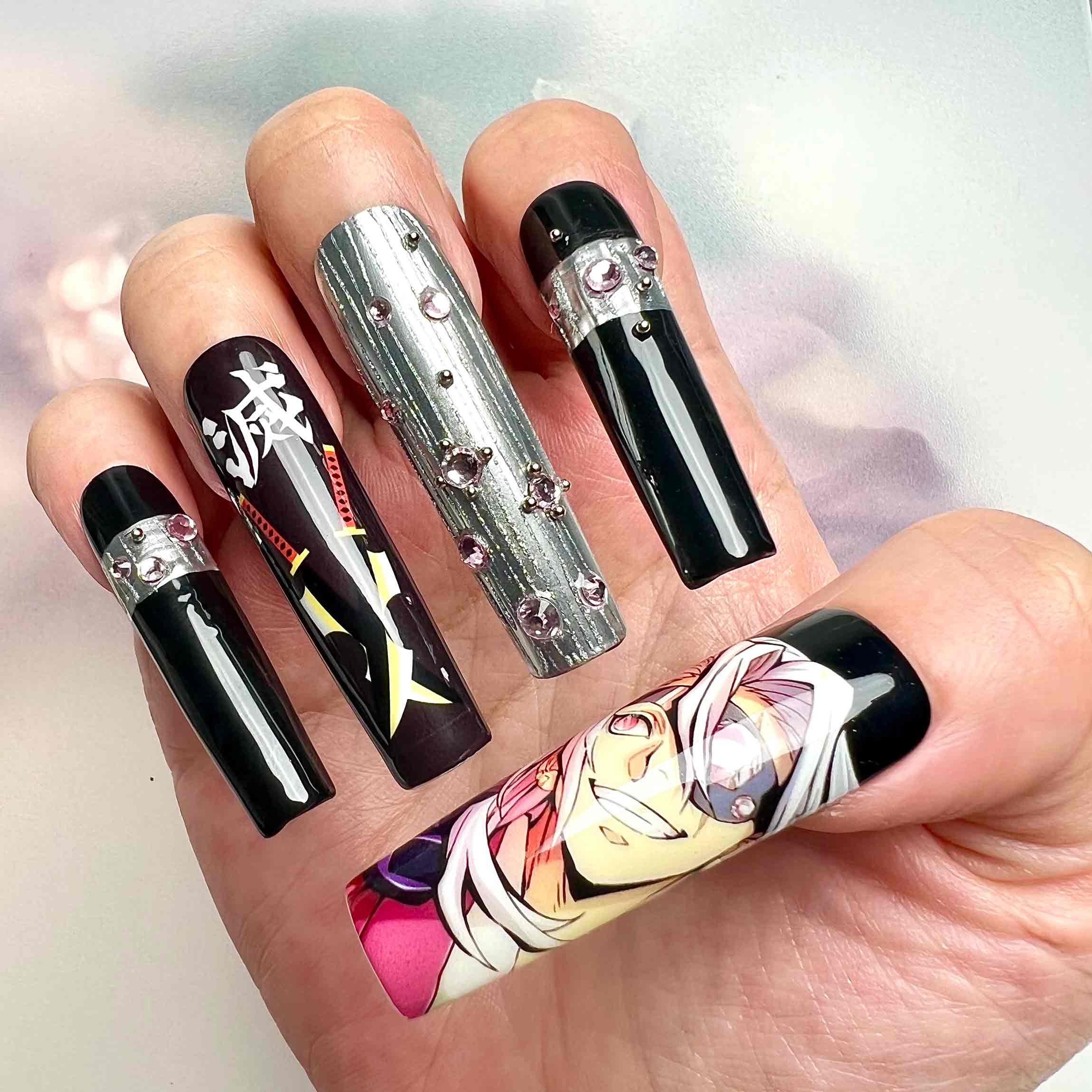 Tengen Uzui Nails – Demon Slayer KNY Press-On Set, "Flamboyant" 3D Pink Gem Design | Dragonnail
