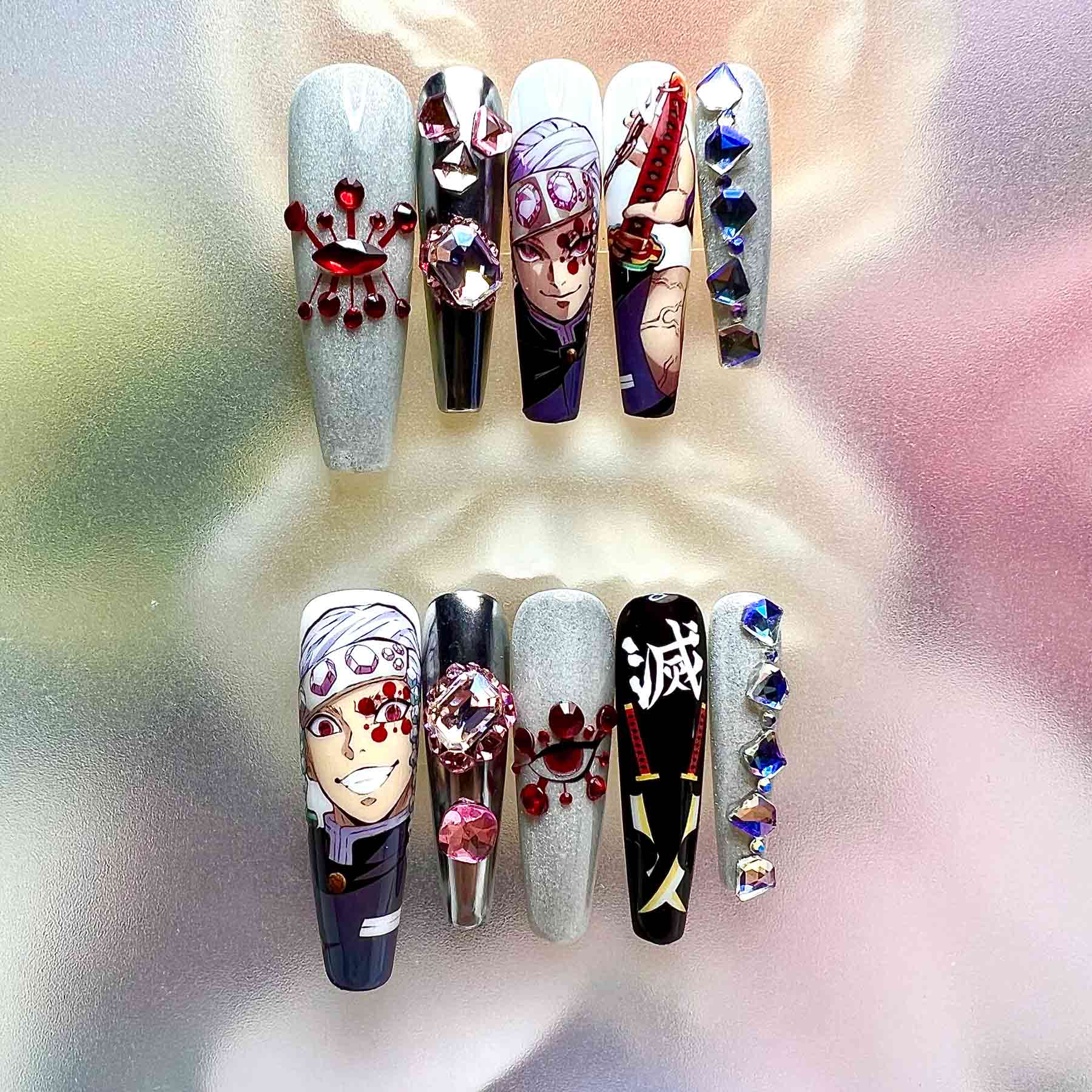 Tengen Uzui Nails – Demon Slayer KNY Press-On Set, 3D Pink Gem &amp; "Flamboyant" Sound Hashira Design | Dragonnail