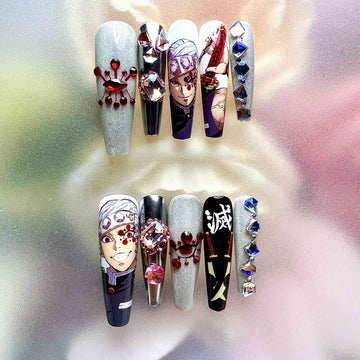 Tengen Uzui Nails – Demon Slayer KNY Press-On Set, 3D Pink Gem &amp; "Flamboyant" Sound Hashira Design | Dragonnail