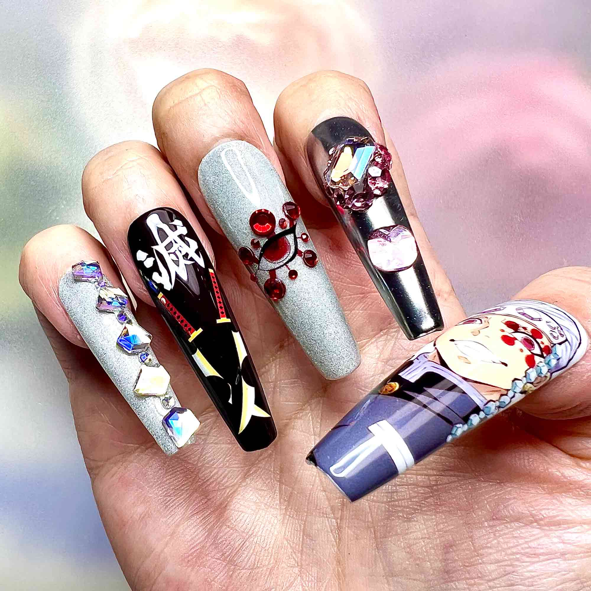 Tengen Uzui Nails – Demon Slayer KNY Press-On Set, 3D Pink Gem &amp; "Flamboyant" Sound Hashira Design | Dragonnail