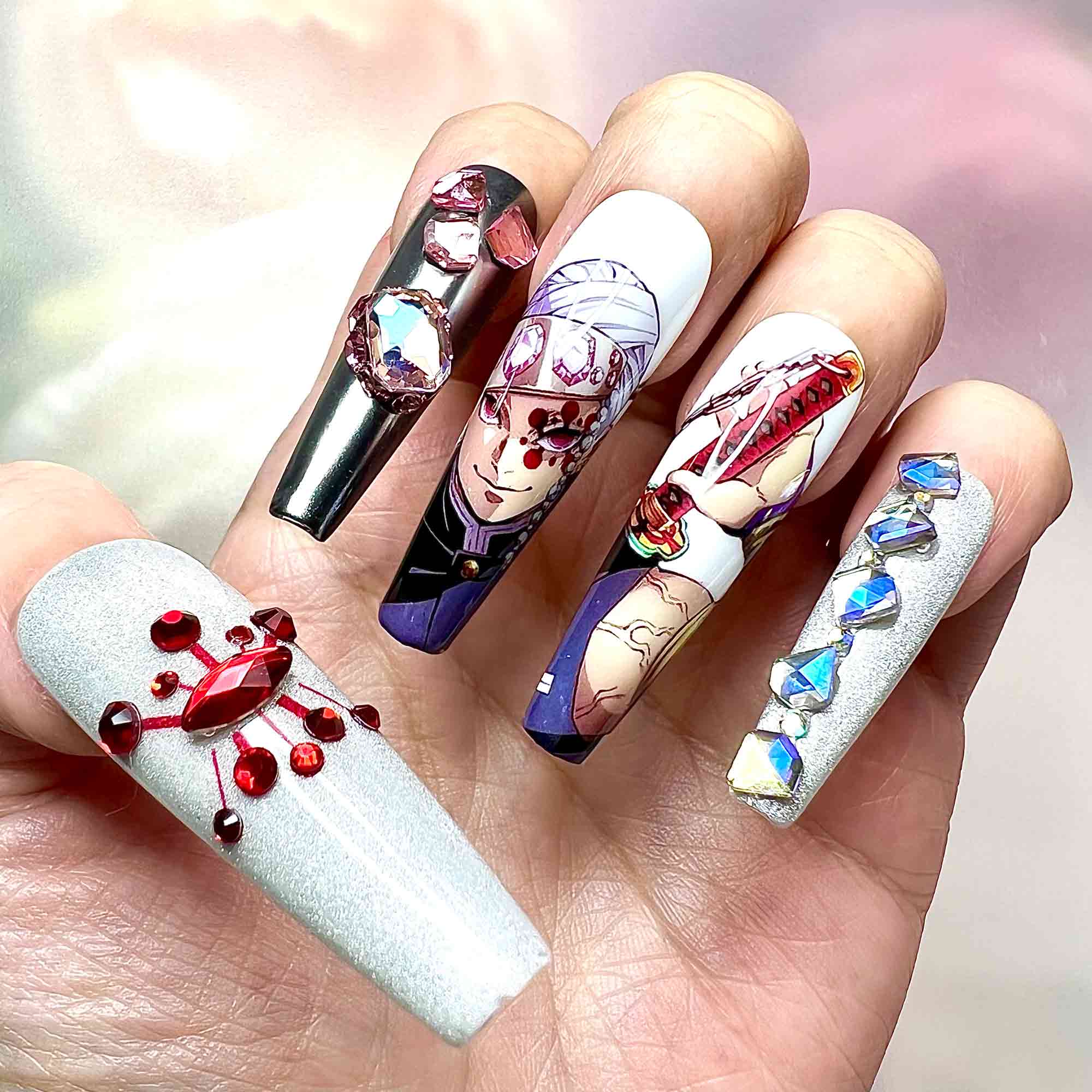Tengen Uzui Nails – Demon Slayer KNY Press-On Set, 3D Pink Gem &amp; "Flamboyant" Sound Hashira Design | Dragonnail