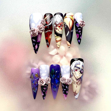 Tengen Uzui Nails – Demon Slayer KNY Press-On Set, 3D Rose &amp; Purple Geometric Gem Design | Dragonnail
