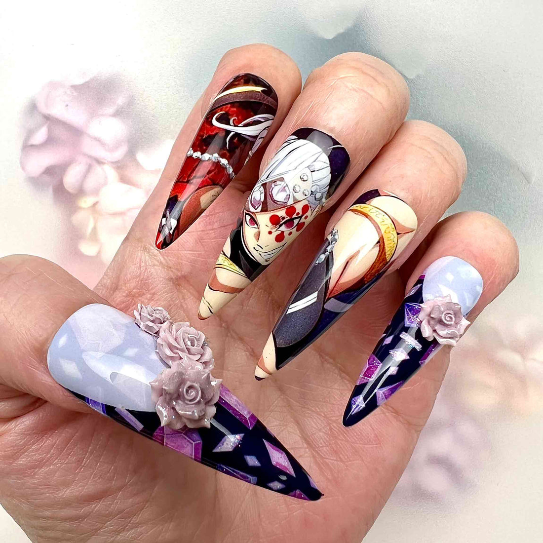 Tengen Uzui Nails – Demon Slayer KNY Press-On Set, 3D Rose &amp; Purple Geometric Gem Design | Dragonnail