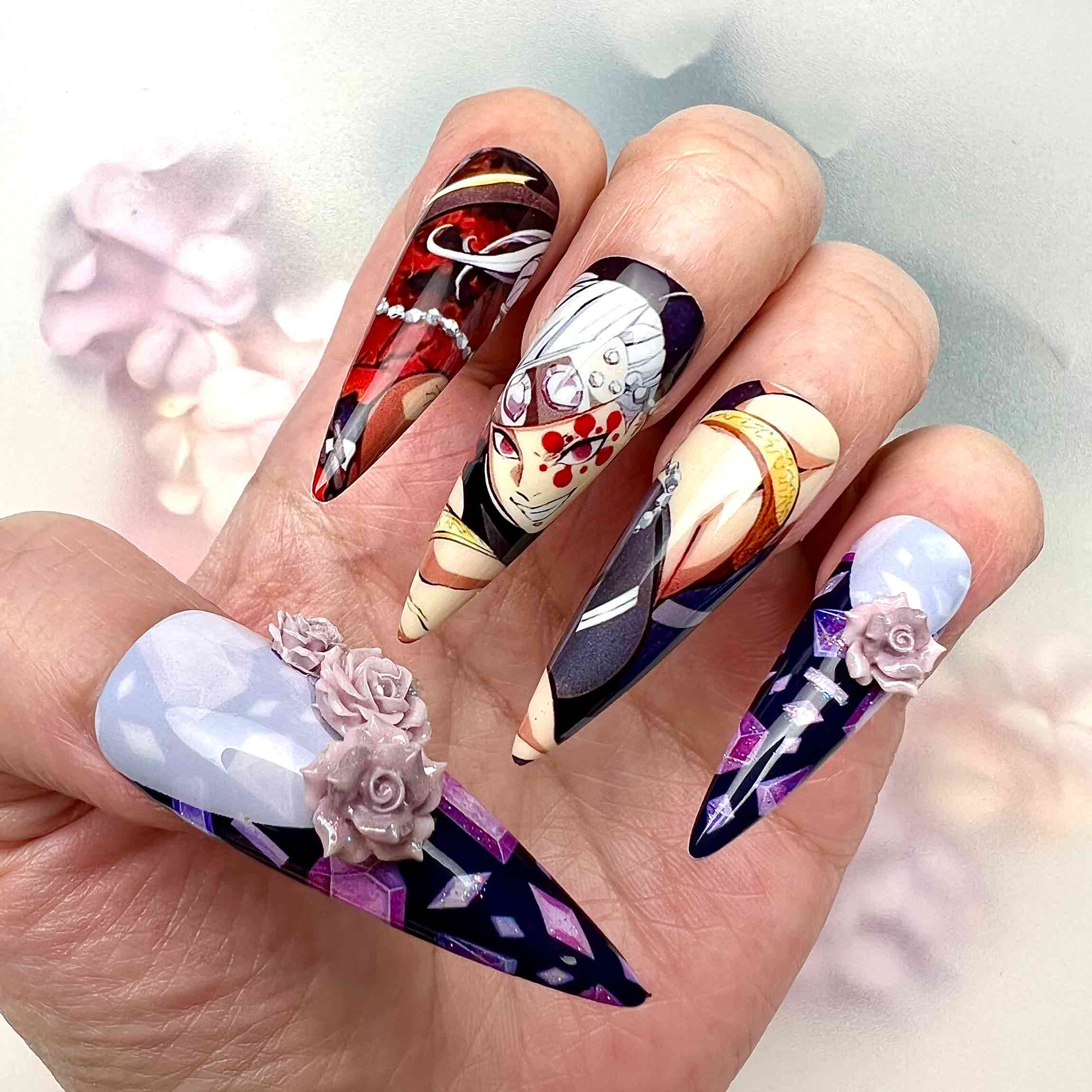 Tengen Uzui Nails – Demon Slayer KNY Press-On Set, 3D Rose &amp; Purple Geometric Gem Design | Dragonnail