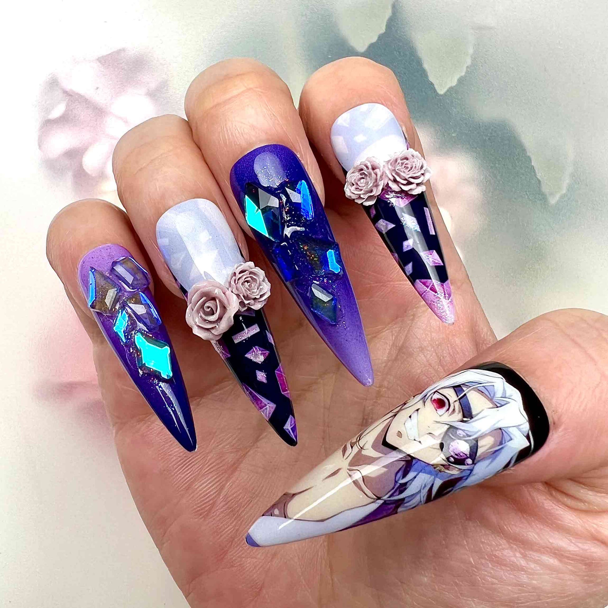 Tengen Uzui Nails – Demon Slayer KNY Press-On Set, 3D Rose &amp; Purple Geometric Gem Design | Dragonnail