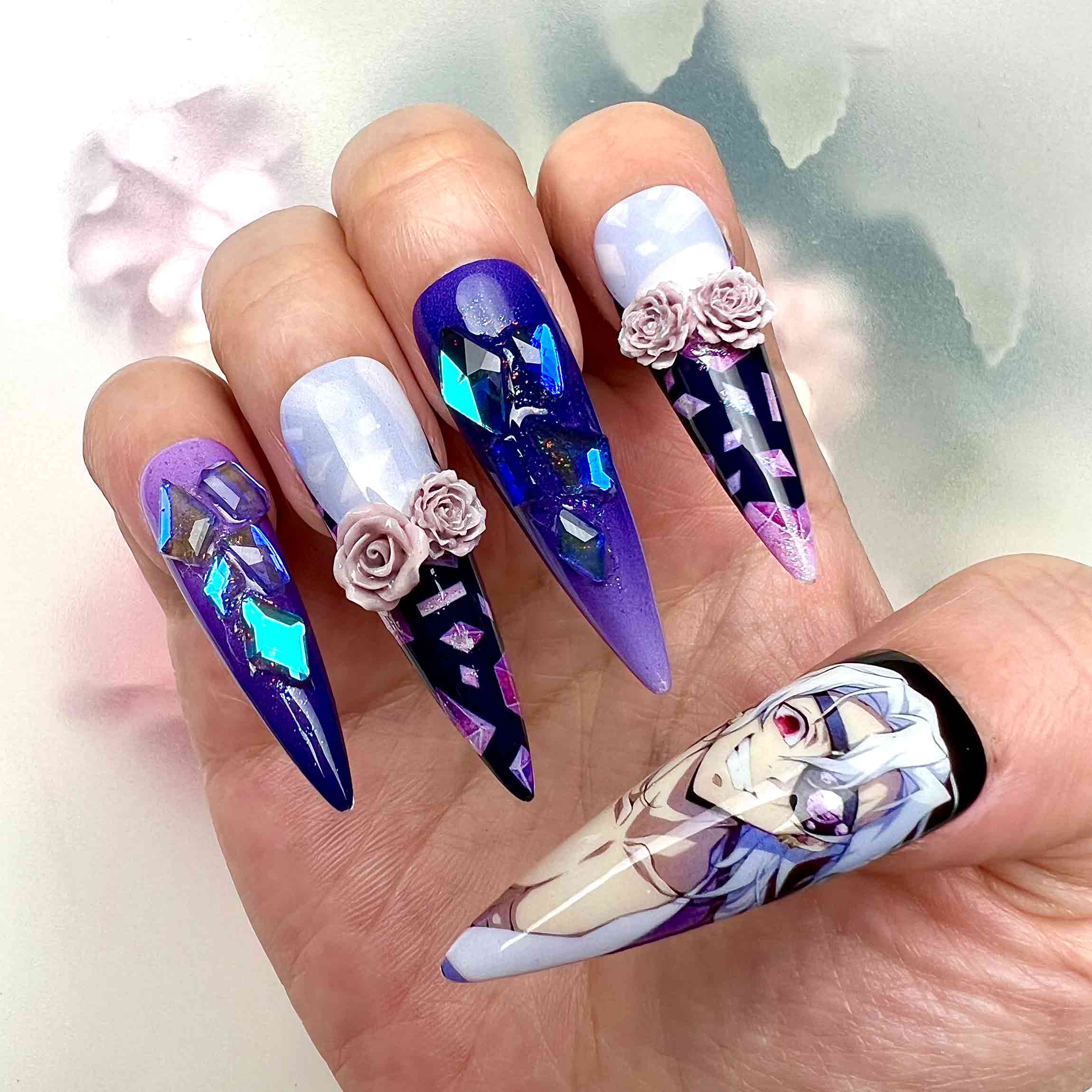 Tengen Uzui Nails – Demon Slayer KNY Press-On Set, 3D Rose &amp; Purple Geometric Gem Design | Dragonnail