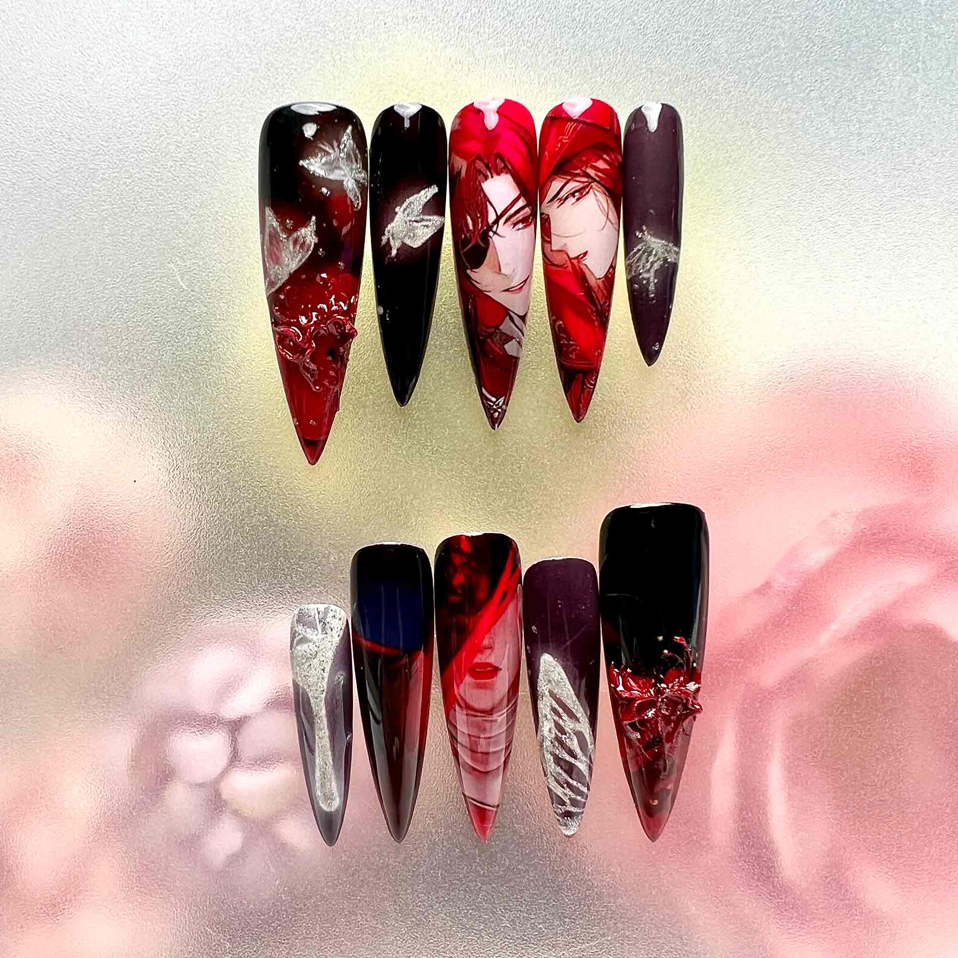 Hua Cheng Nails – Heaven Official's Blessing TGCF Press-On Set, 3D Butterfly &amp; Blood Red Gothic Donghua Design | Dragonnail