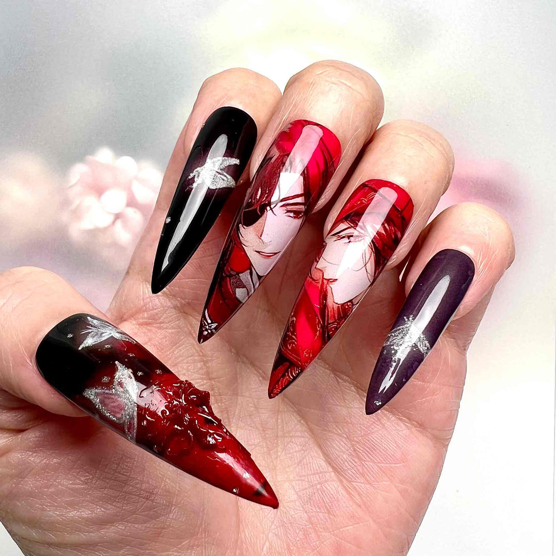 Hua Cheng Nails – Heaven Official's Blessing TGCF Press-On Set, 3D Butterfly &amp; Blood Red Gothic Donghua Design | Dragonnail