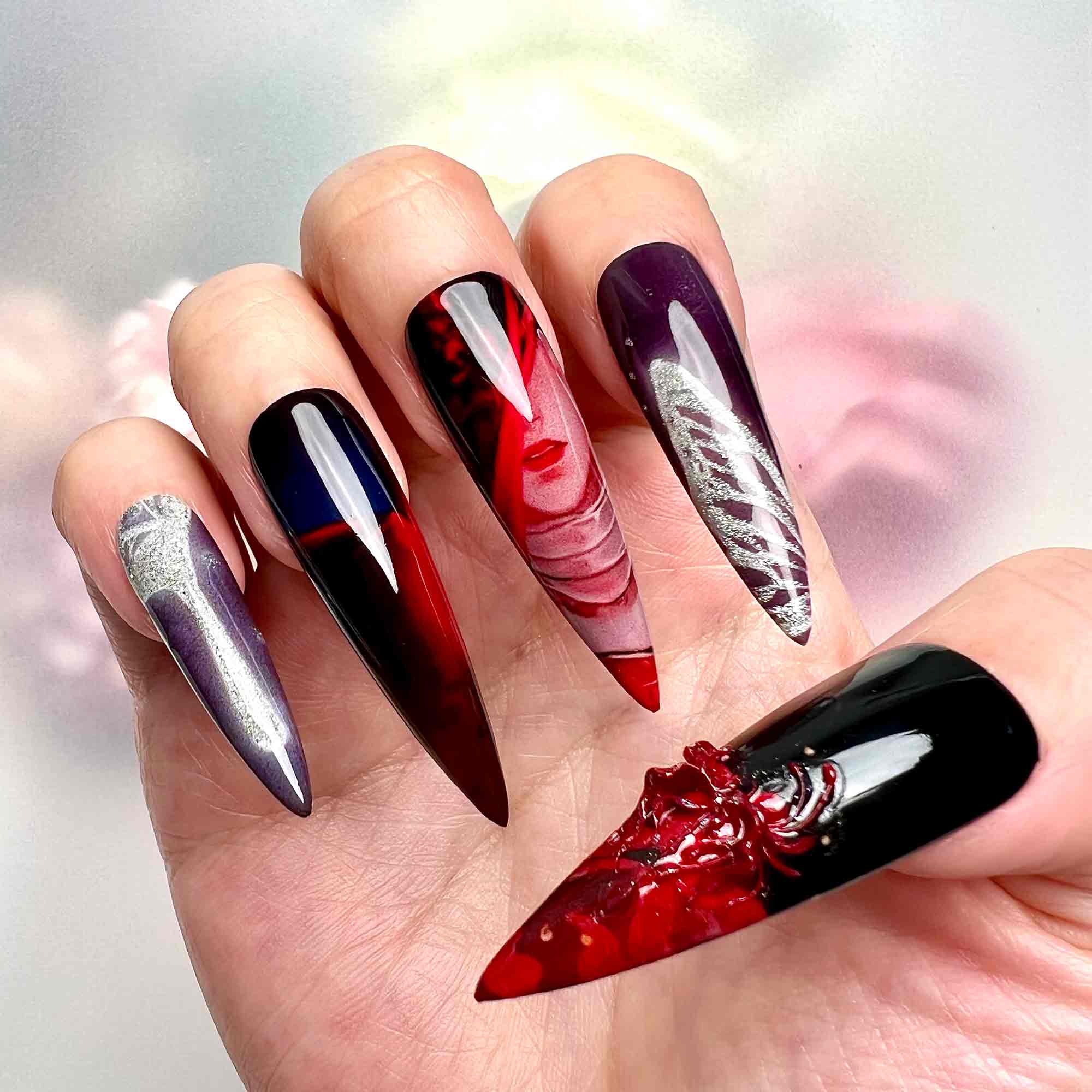 Hua Cheng Nails – Heaven Official's Blessing TGCF Press-On Set, 3D Butterfly &amp; Blood Red Gothic Donghua Design | Dragonnail