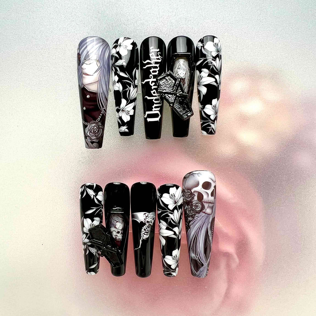 Undertaker Nails – Black Butler Press-On Set, 3D Coffin &amp; Gothic Lily Monochrome Design | Dragonnail