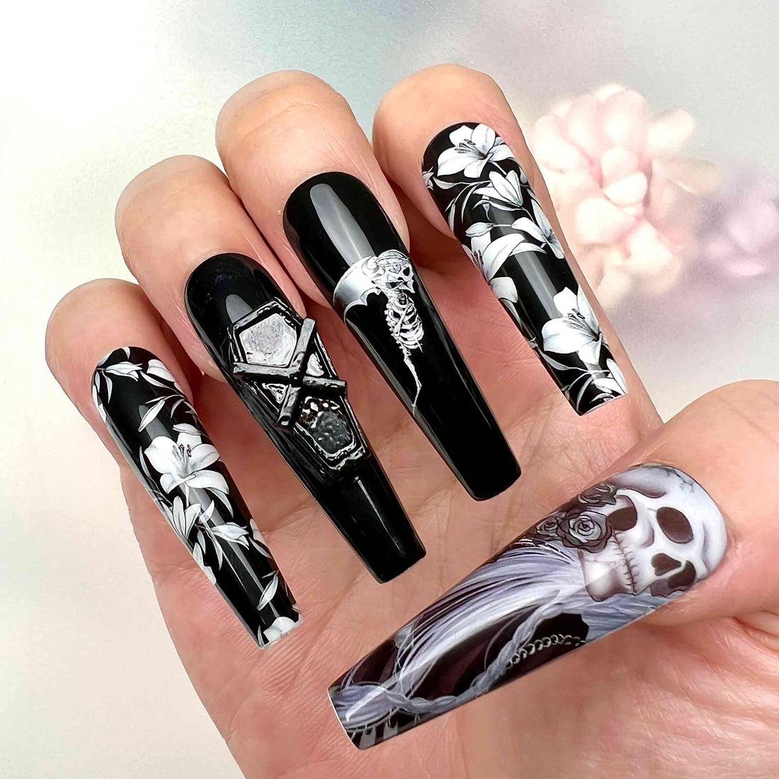 Undertaker Nails – Black Butler Press-On Set, 3D Coffin &amp; Gothic Lily Monochrome Design | Dragonnail
