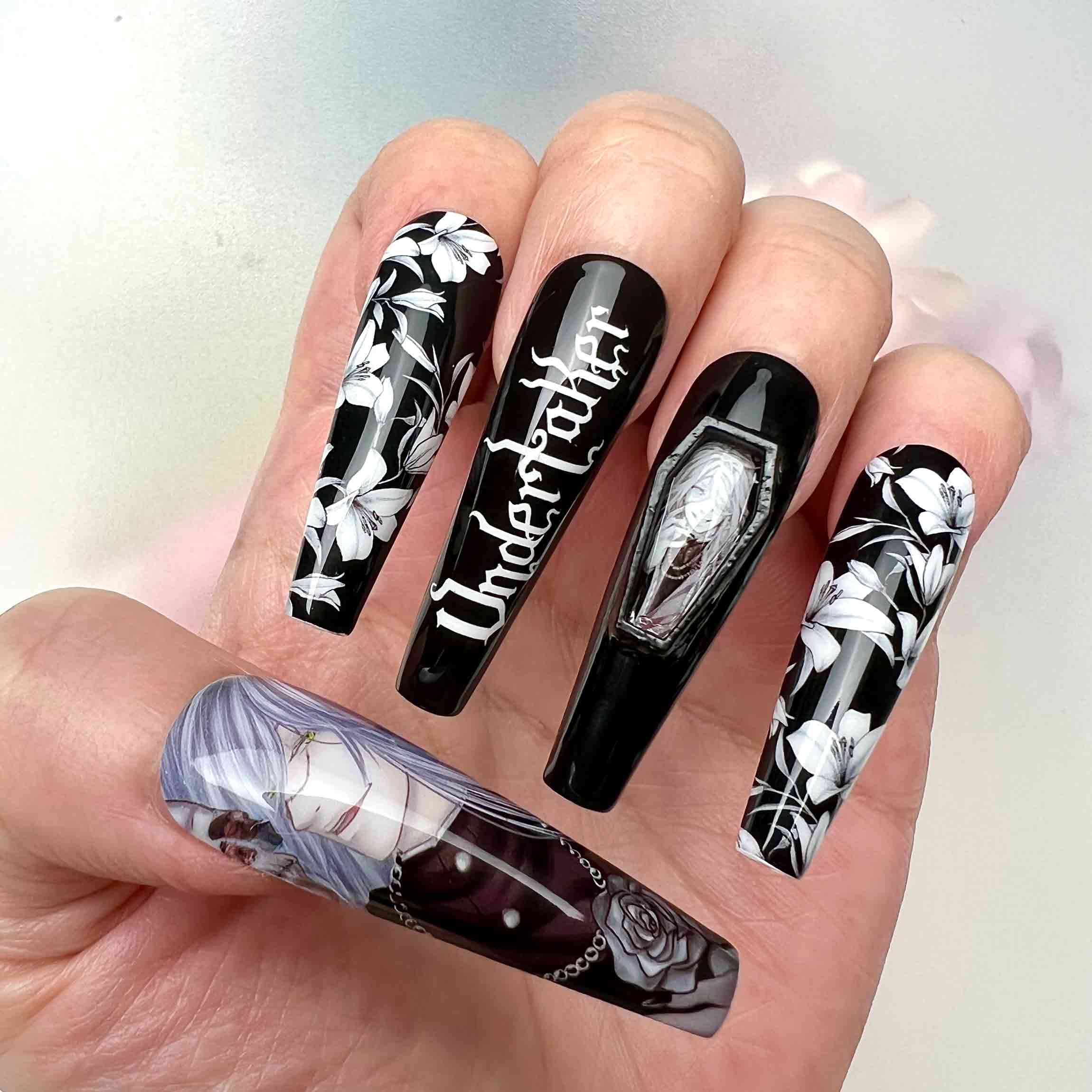 Undertaker Nails – Black Butler Press-On Set, 3D Coffin &amp; Gothic Lily Monochrome Design | Dragonnail