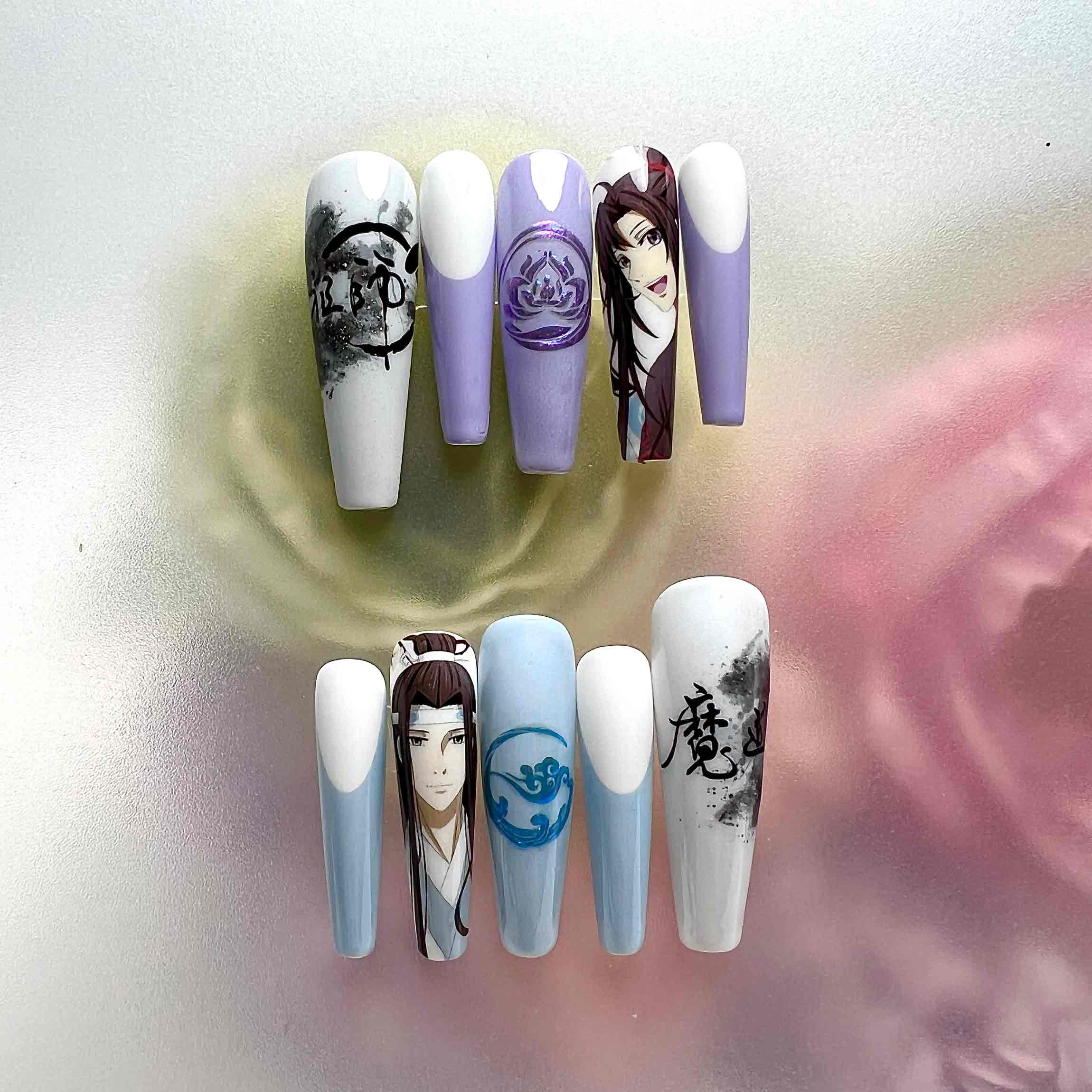 Mo Dao Zu Shi Nails – Wei Wuxian &amp; Lan Wangji Press-On Set, Pastel Ombré &amp; GusuLan Cloud Design | Dragonnail
