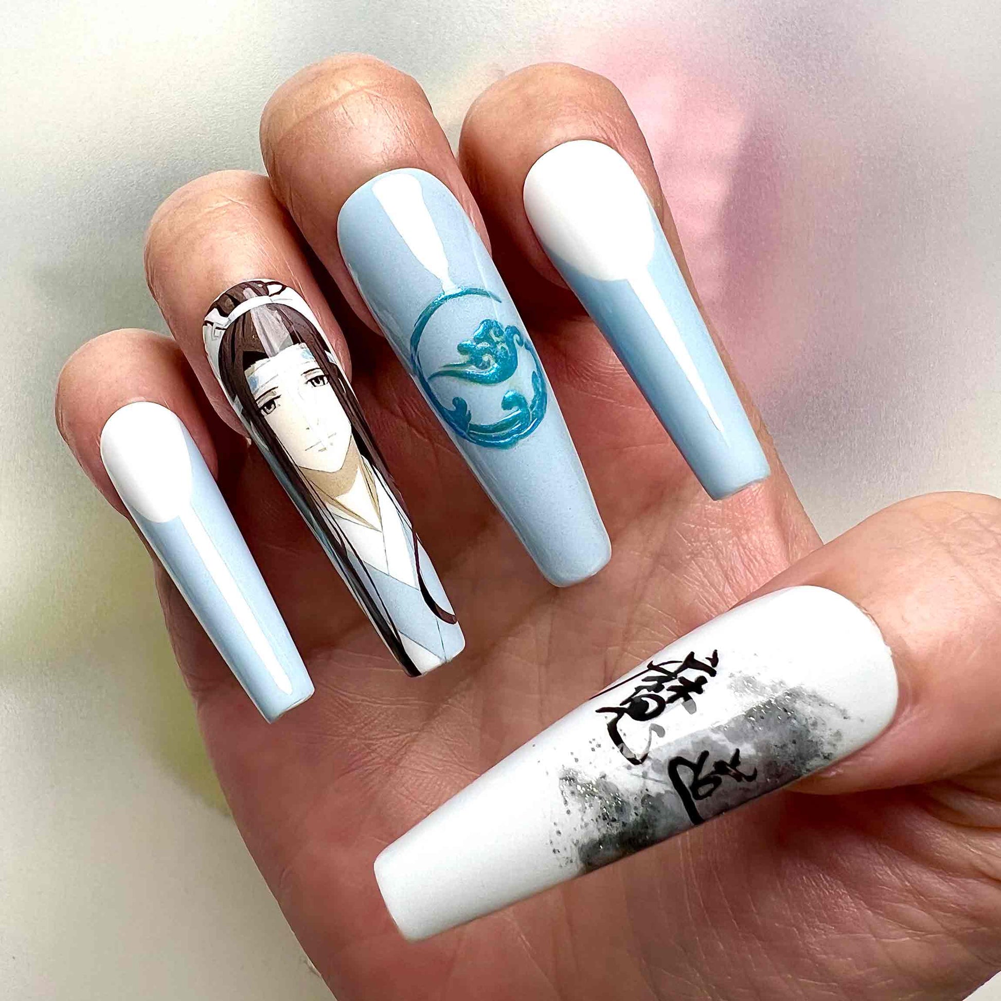 Mo Dao Zu Shi Nails – Wei Wuxian &amp; Lan Wangji Press-On Set, Pastel Ombré &amp; GusuLan Cloud Design | Dragonnail