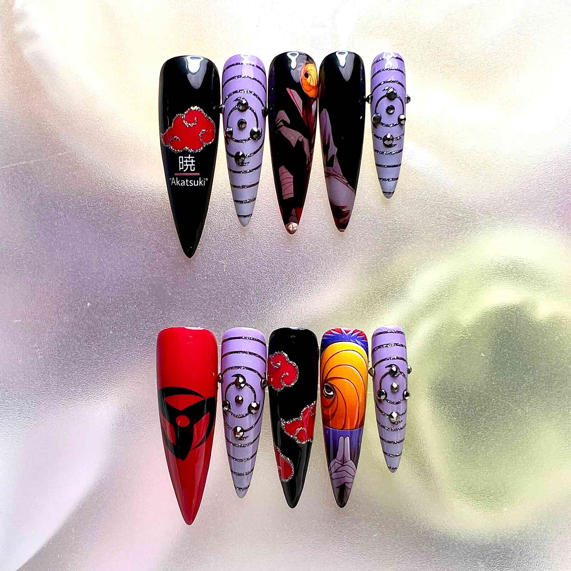 Naruto Shippuden Akatsuki Press-On Nails | Obito Uchiha/Tobi Villain Set | Rinnegan, Cloud Symbol &amp; 3D Studs | Dragonnail