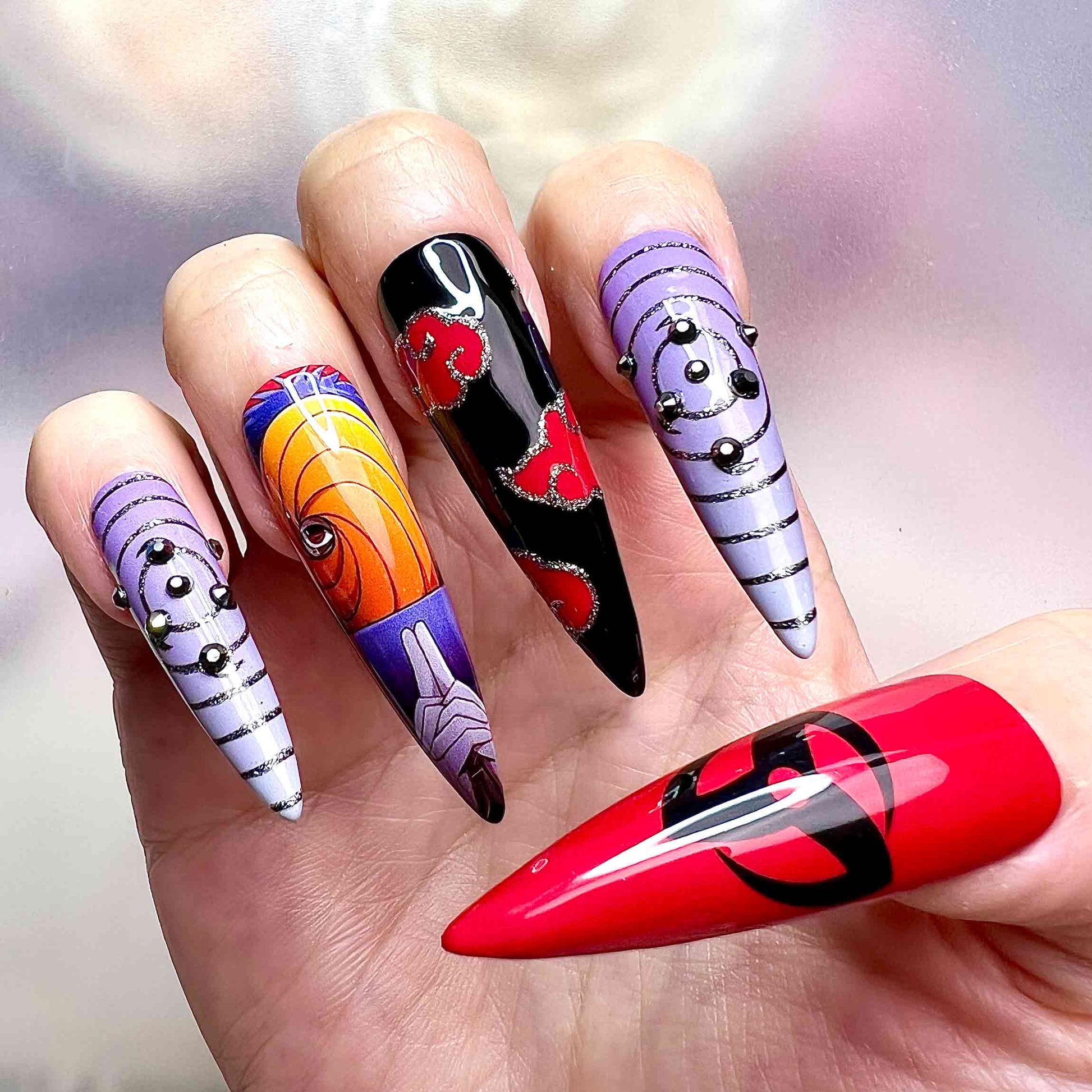 Naruto Shippuden Akatsuki Press-On Nails | Obito Uchiha/Tobi Villain Set | Rinnegan, Cloud Symbol &amp; 3D Studs | Dragonnail