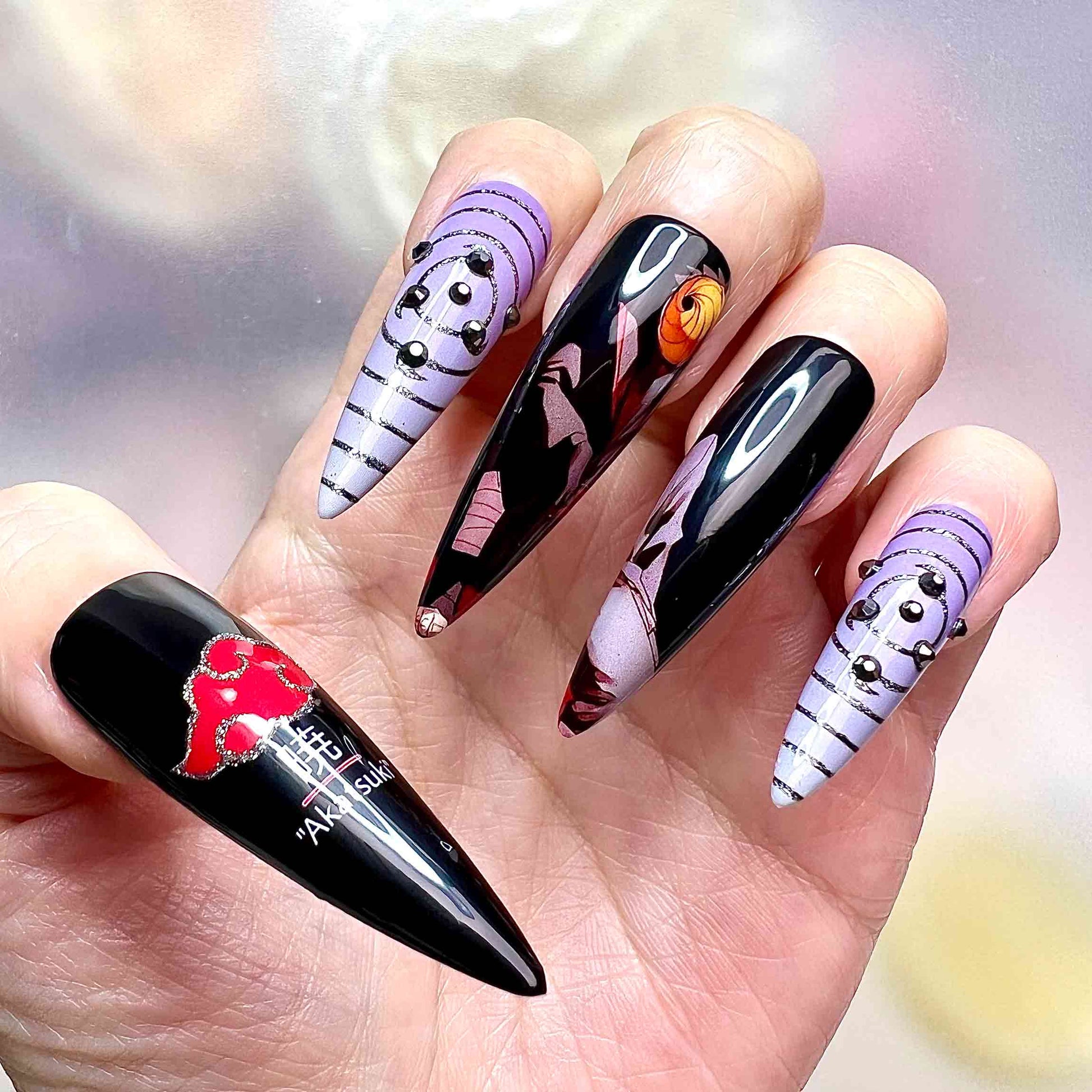 Naruto Shippuden Akatsuki Press-On Nails | Obito Uchiha/Tobi Villain Set | Rinnegan, Cloud Symbol &amp; 3D Studs | Dragonnail