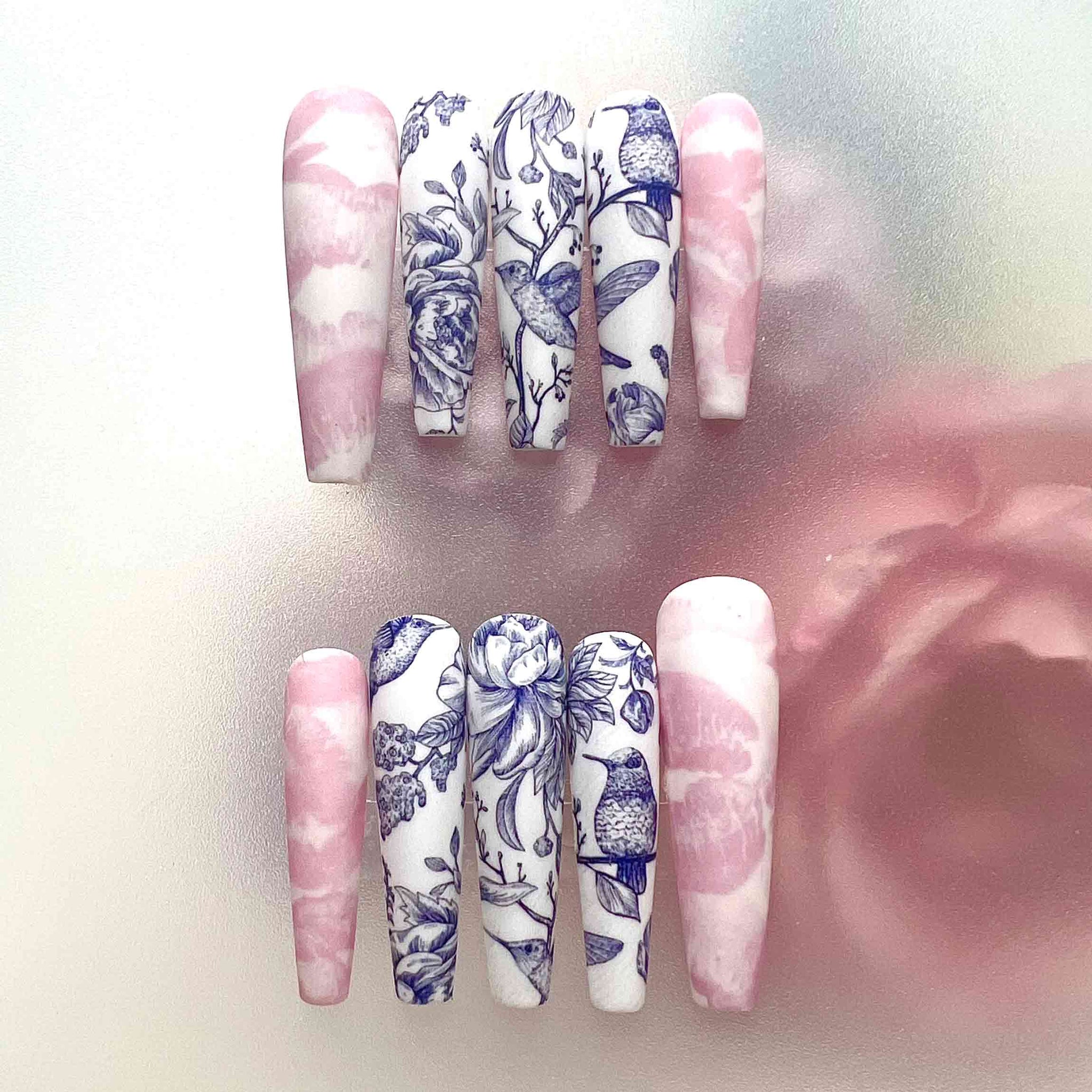 Porcelain Nails – Blue Toile &amp; Pink Marble Press-On Set, Chinoiserie Bird &amp; Flower Art Design | Dragonnail