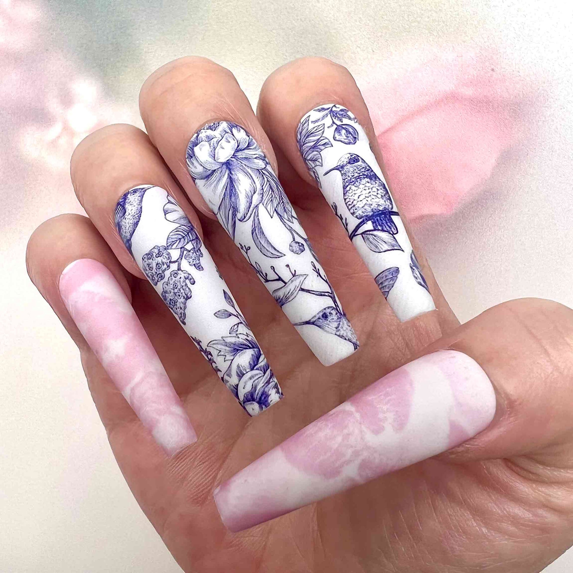 Porcelain Nails – Blue Toile &amp; Pink Marble Press-On Set, Chinoiserie Bird &amp; Flower Art Design | Dragonnail