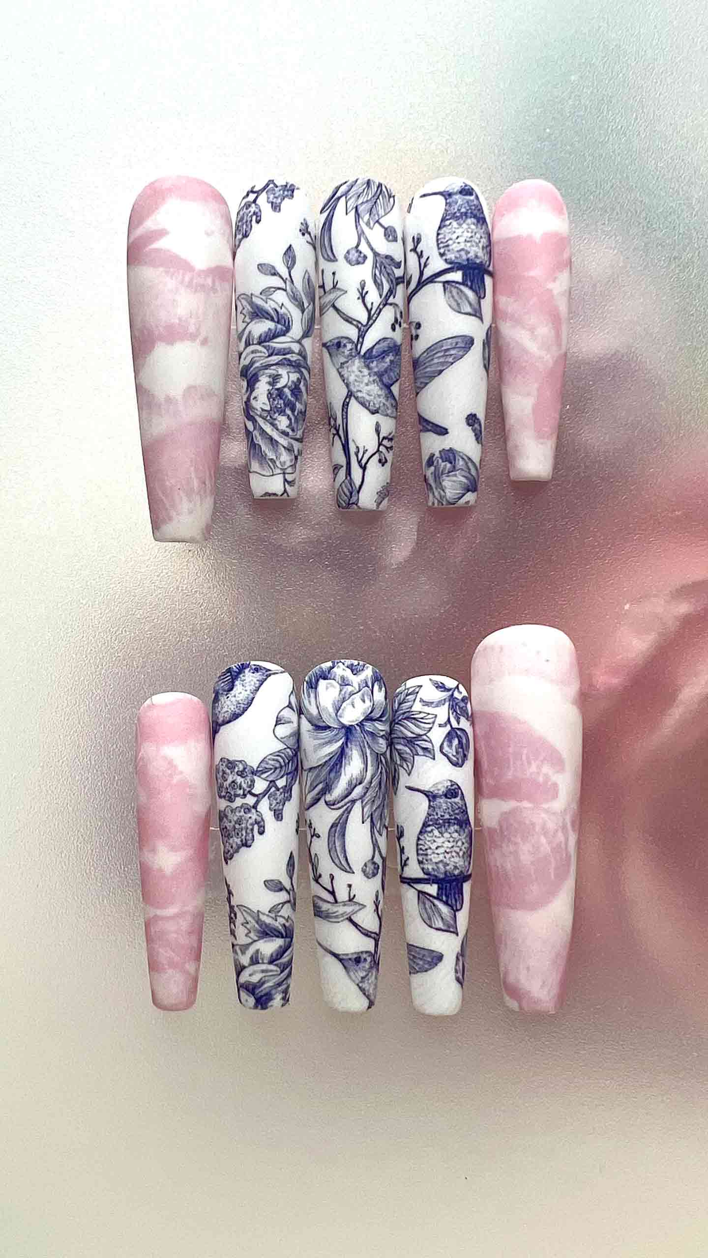 Porcelain Nails – Blue Toile &amp; Pink Marble Press-On Set, Chinoiserie Bird &amp; Flower Art Design | Dragonnail