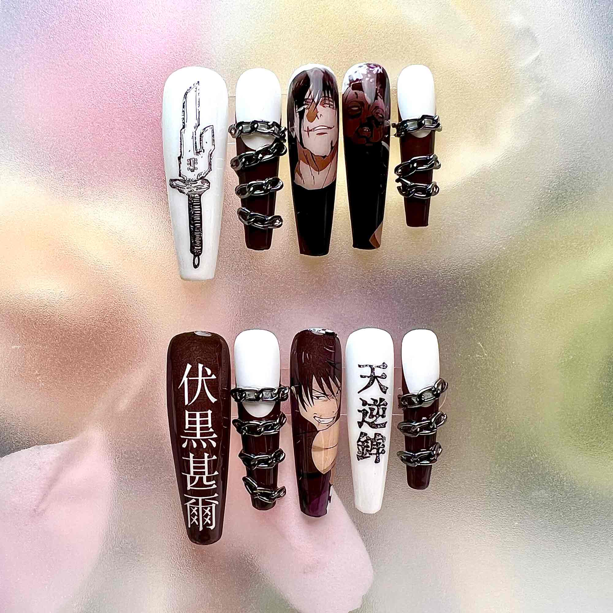 Toji Fushiguro Nails – Jujutsu Kaisen JJK Press-On Set, 3D Chain &amp; Inverted Spear Anime Design | Dragonnail