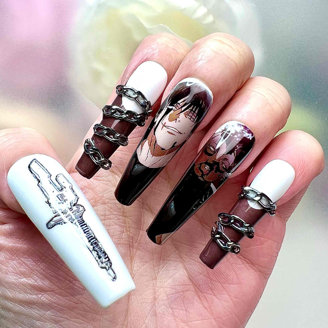 Toji Fushiguro Nails – Jujutsu Kaisen JJK Press-On Set, 3D Chain &amp; Inverted Spear Anime Design | Dragonnail