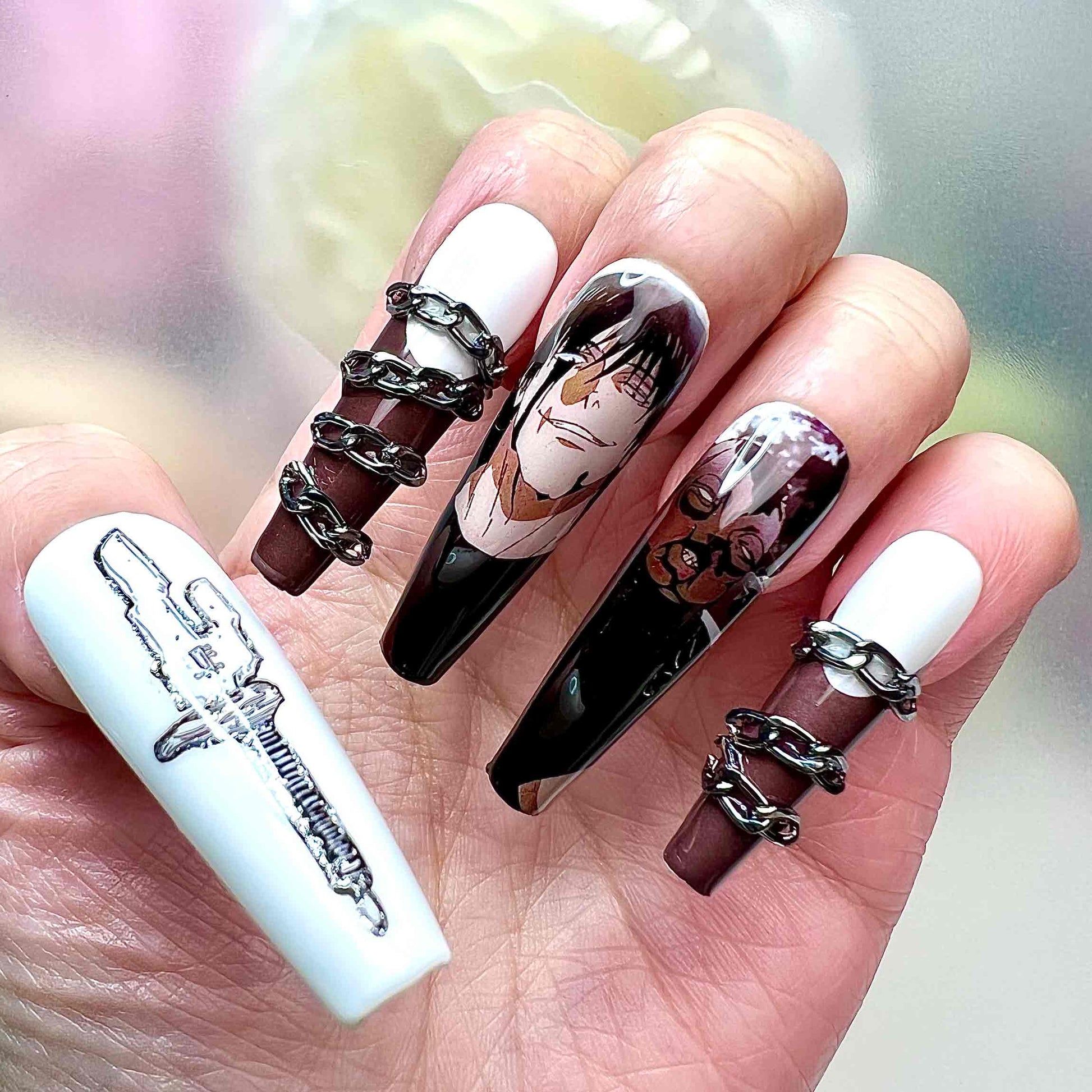Toji Fushiguro Nails – Jujutsu Kaisen JJK Press-On Set, 3D Chain &amp; Inverted Spear Anime Design | Dragonnail