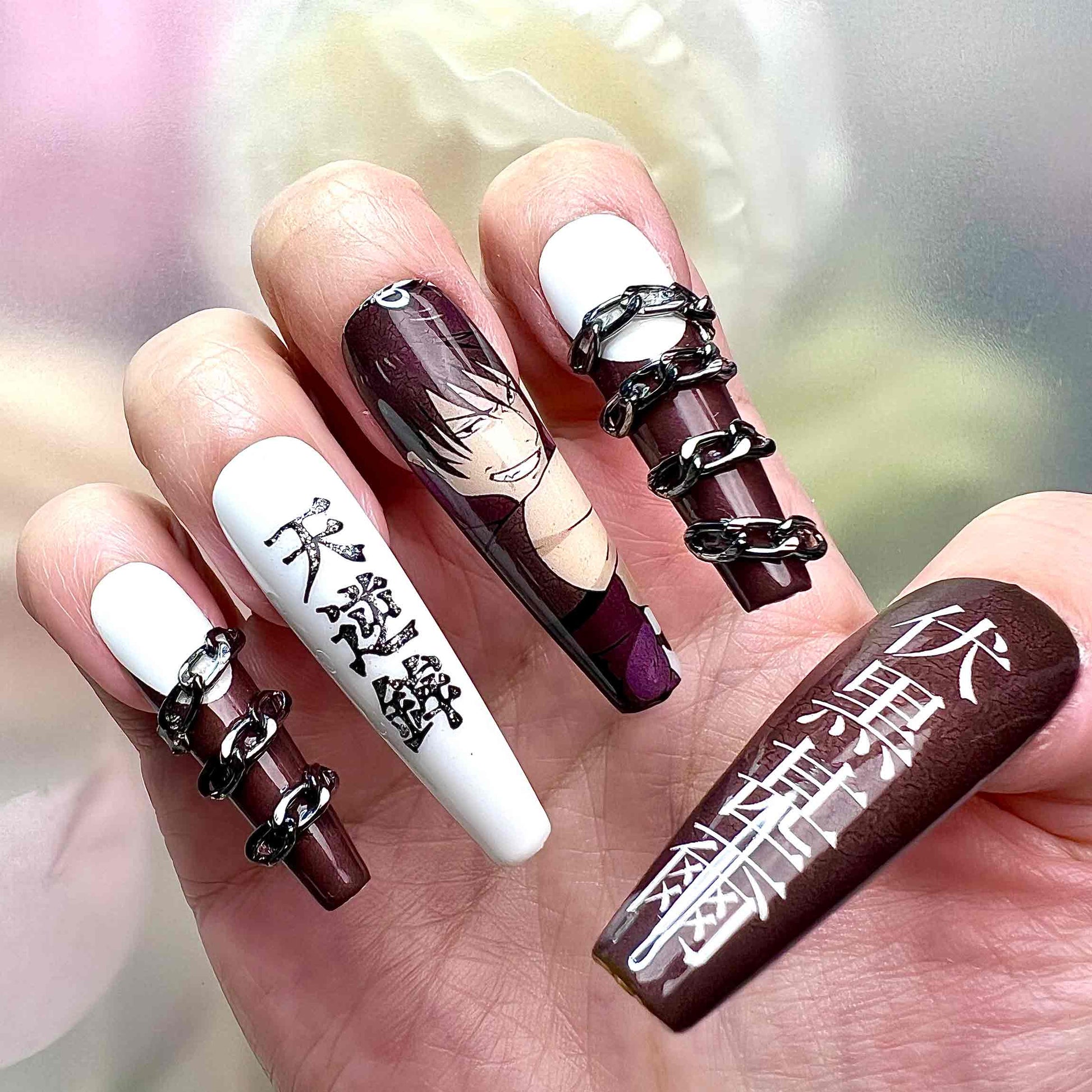 Toji Fushiguro Nails – Jujutsu Kaisen JJK Press-On Set, 3D Chain &amp; Inverted Spear Anime Design | Dragonnail