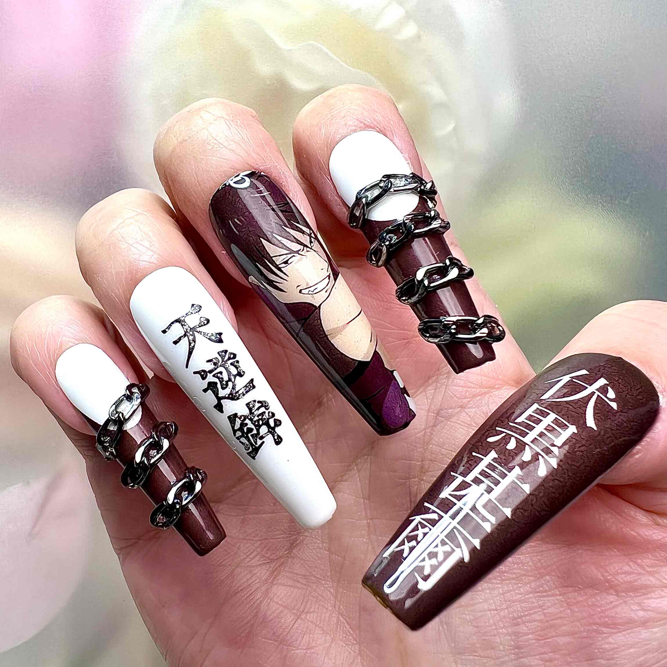 Toji Fushiguro Nails – Jujutsu Kaisen JJK Press-On Set, 3D Chain &amp; Inverted Spear Anime Design | Dragonnail