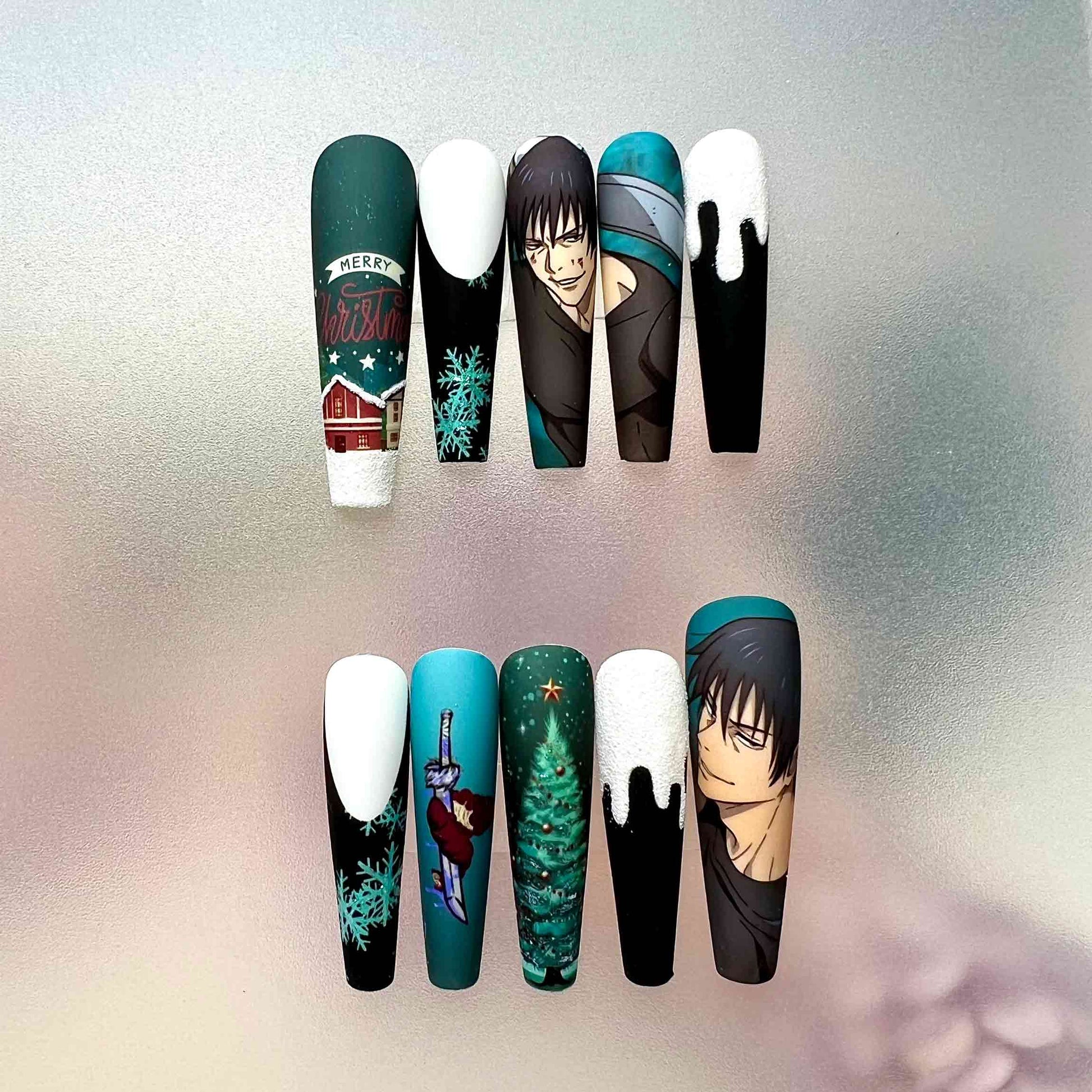 Toji Fushiguro Christmas Nails – JJK Press-On Set, Holiday Sweater Green &amp; Black Anime Design | Dragonnail