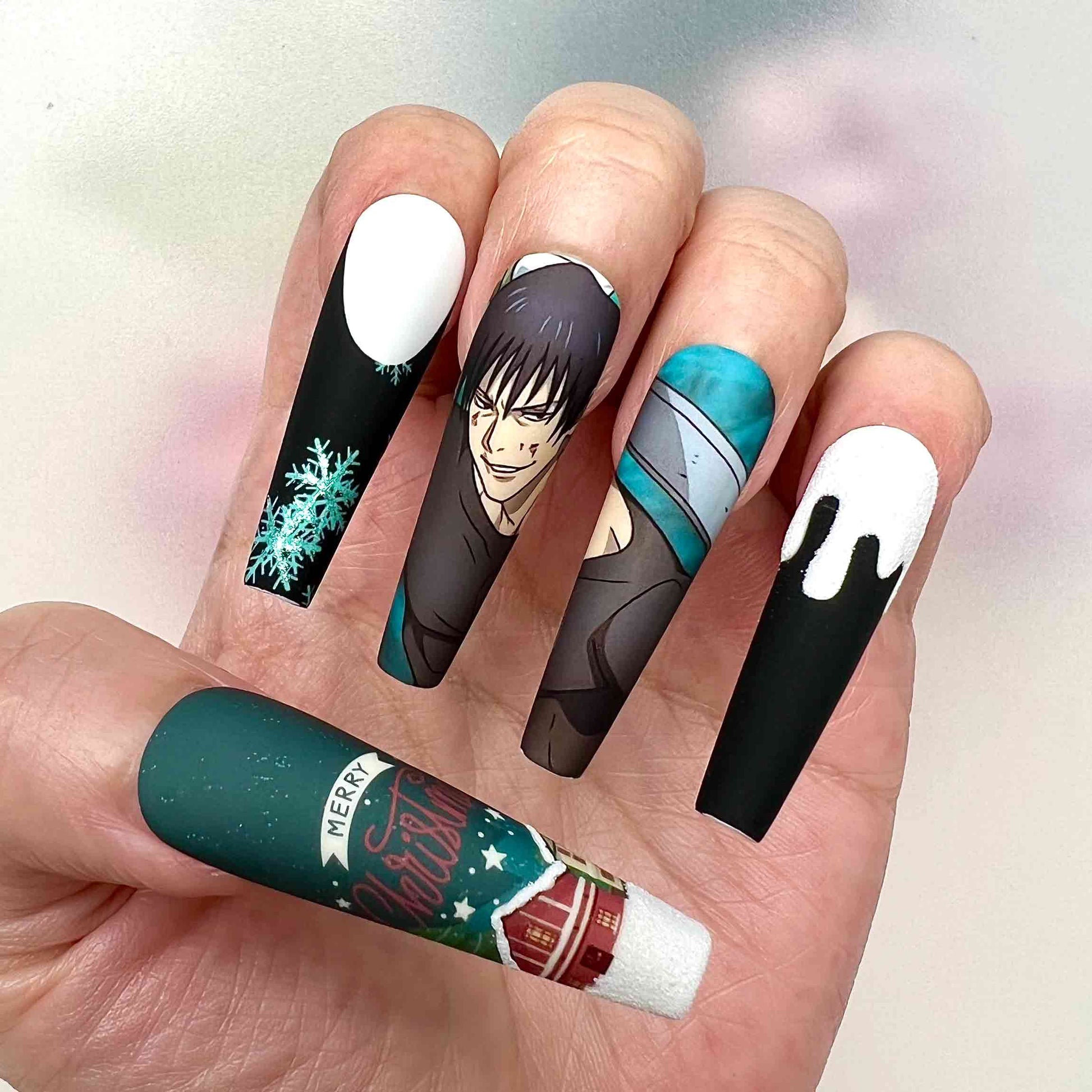 Toji Fushiguro Christmas Nails – JJK Press-On Set, Holiday Sweater Green &amp; Black Anime Design | Dragonnail