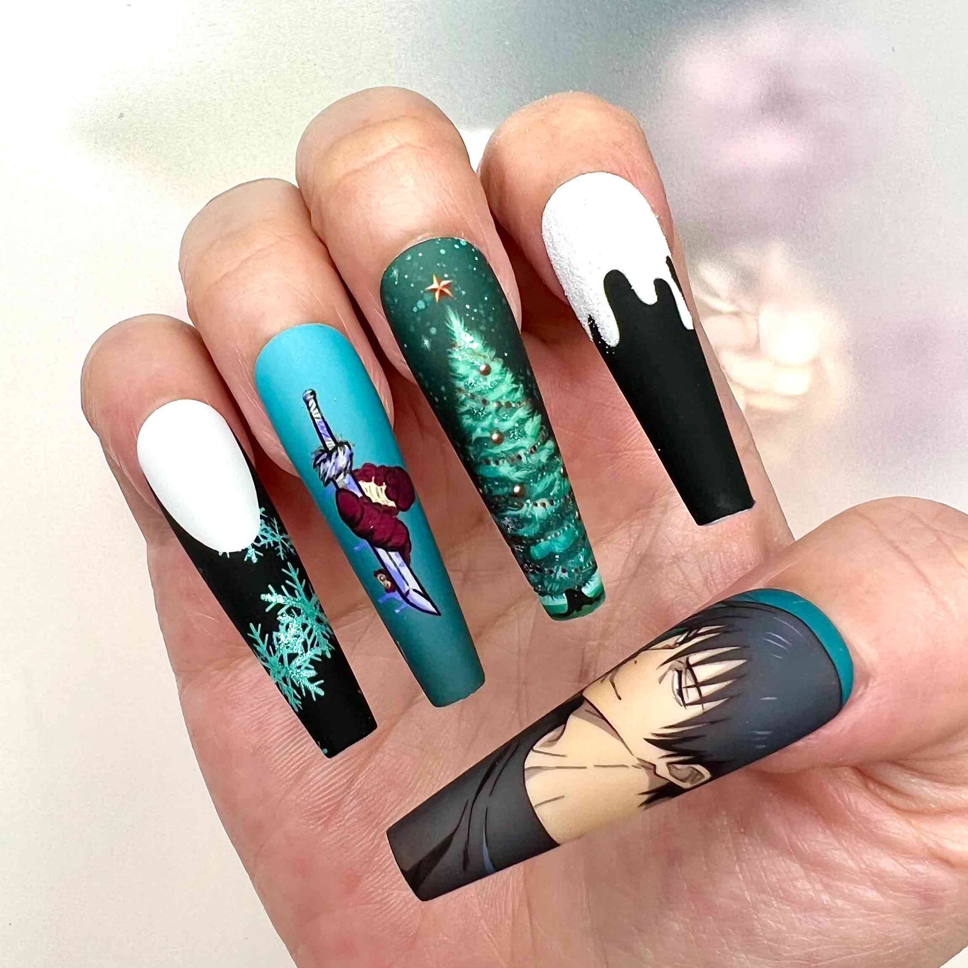 Toji Fushiguro Christmas Nails – JJK Press-On Set, Holiday Sweater Green &amp; Black Anime Design | Dragonnail
